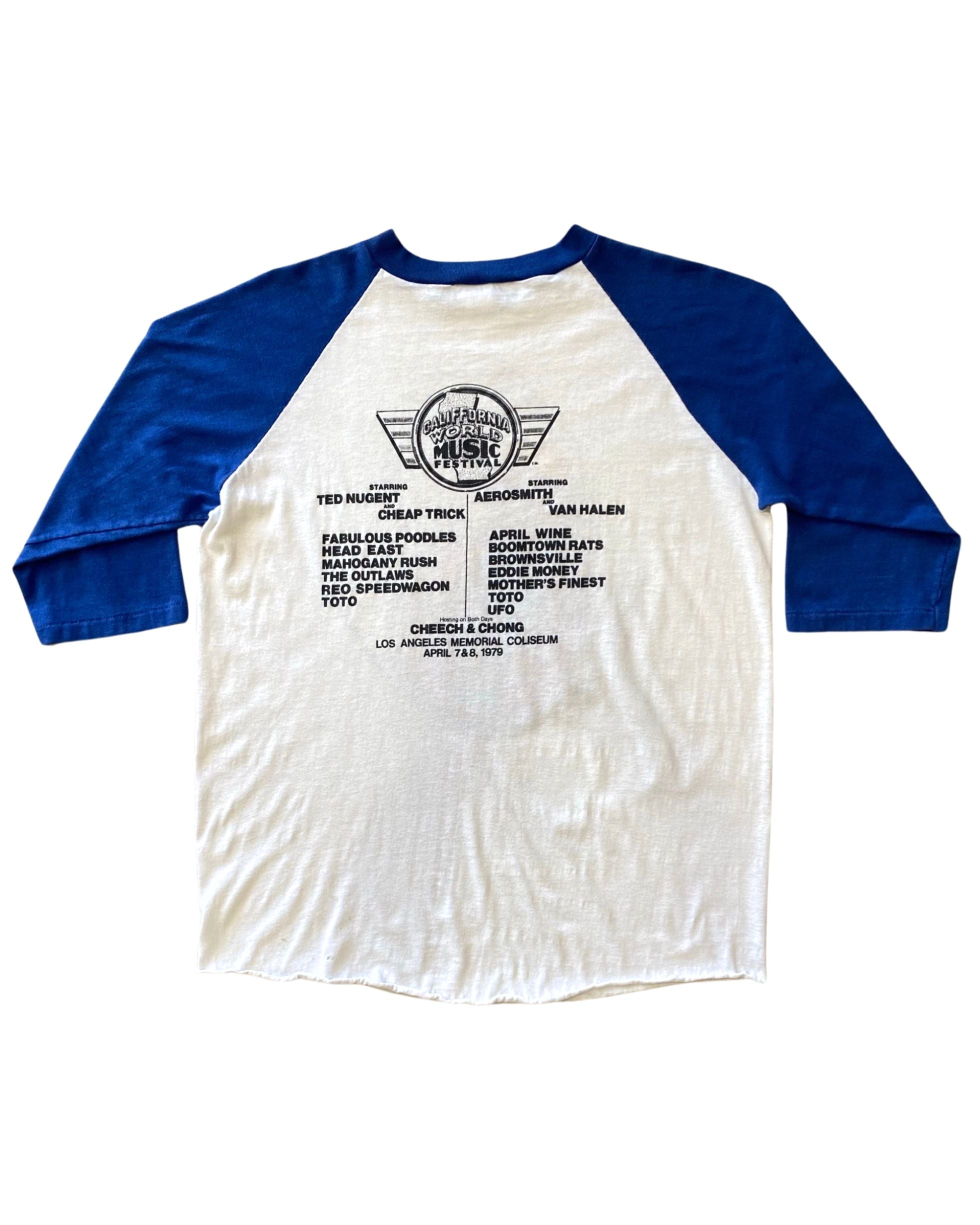 1979 California World Music Festival Long Sleeve Ringer Jersey Shirt White w Blue X-Large USA