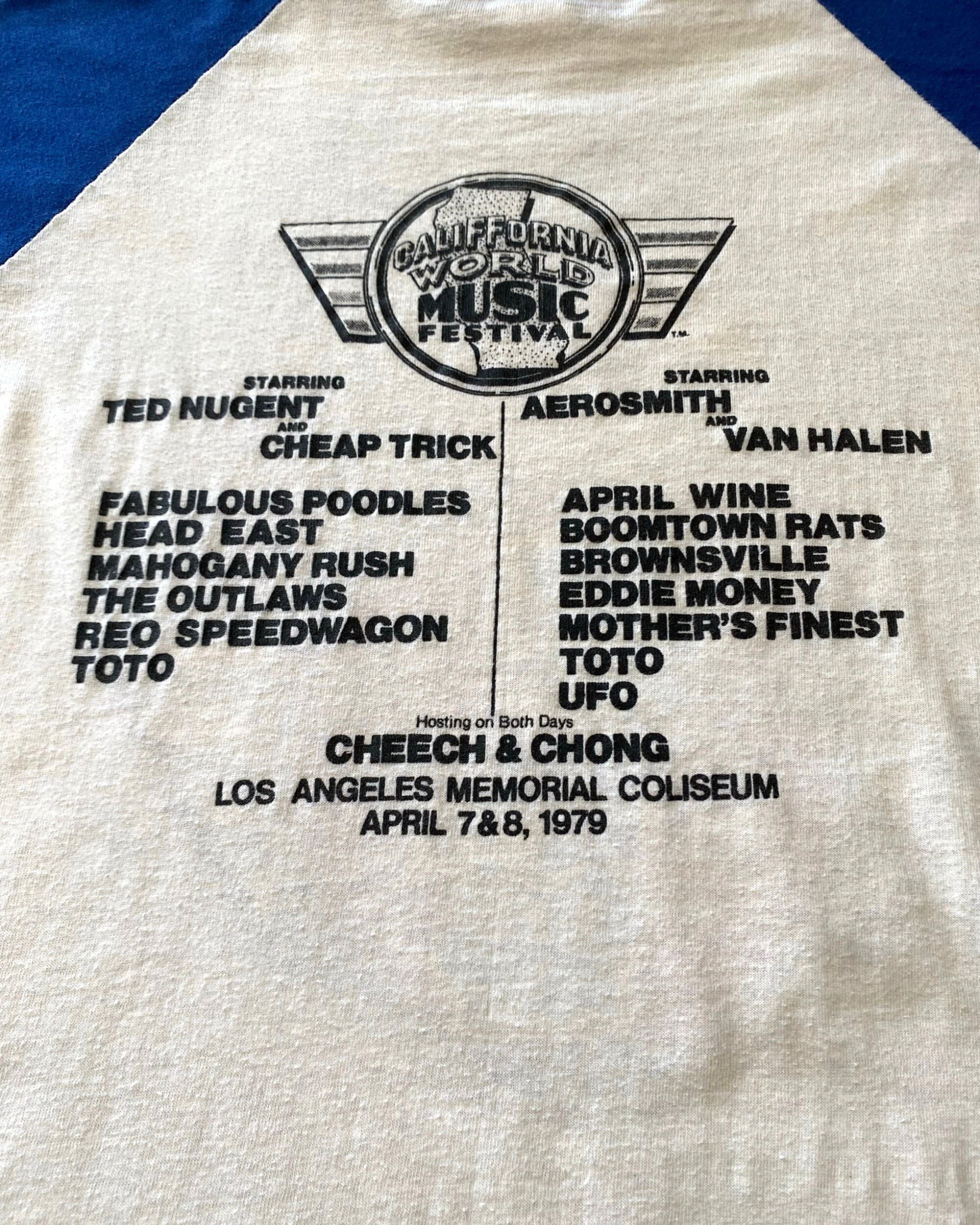 1979 California World Music Festival Long Sleeve Ringer Jersey Shirt White w Blue X-Large USA