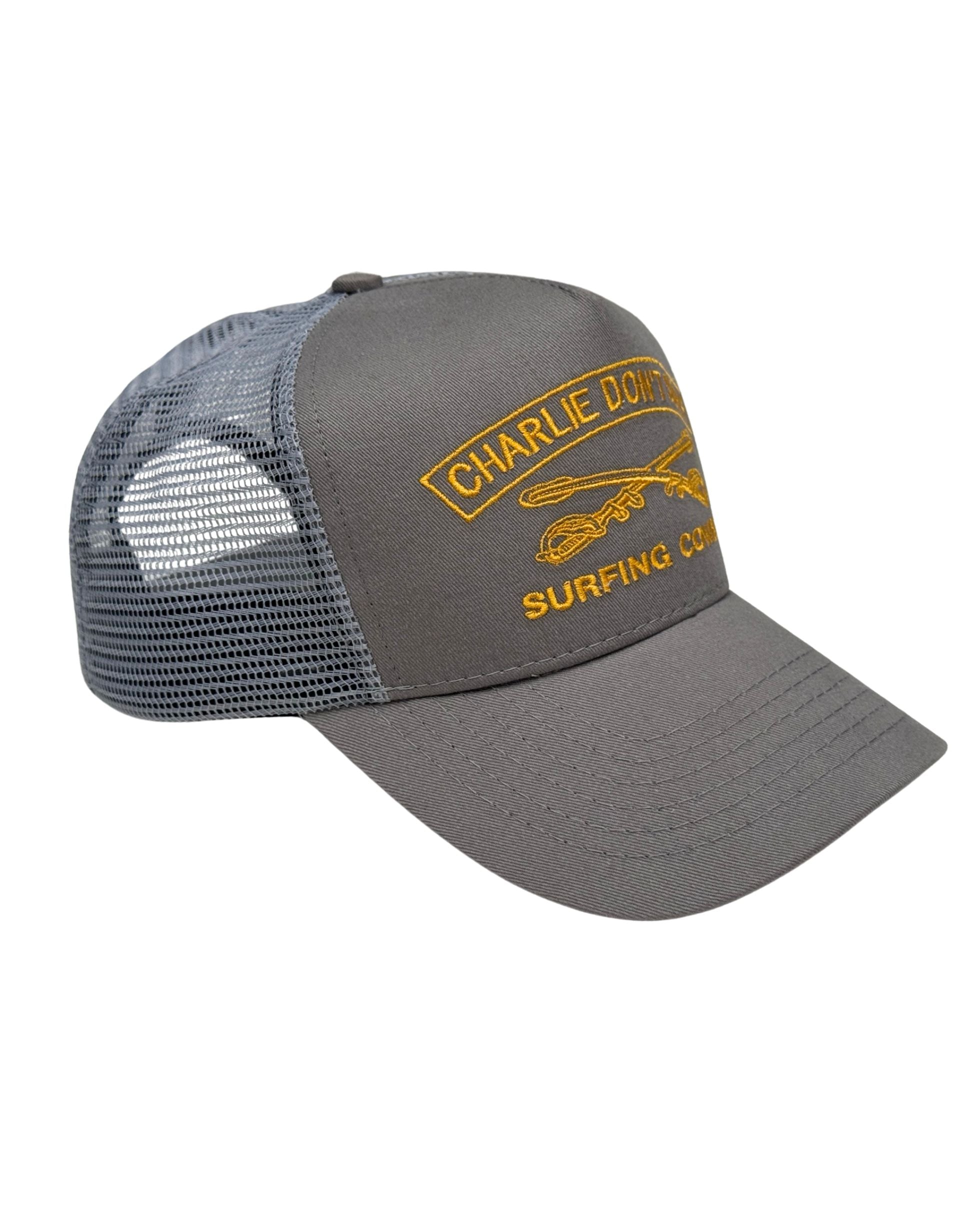 Charlie Don’t Surf Trucker Hat – Dolphin Grey with Gold Embroidery