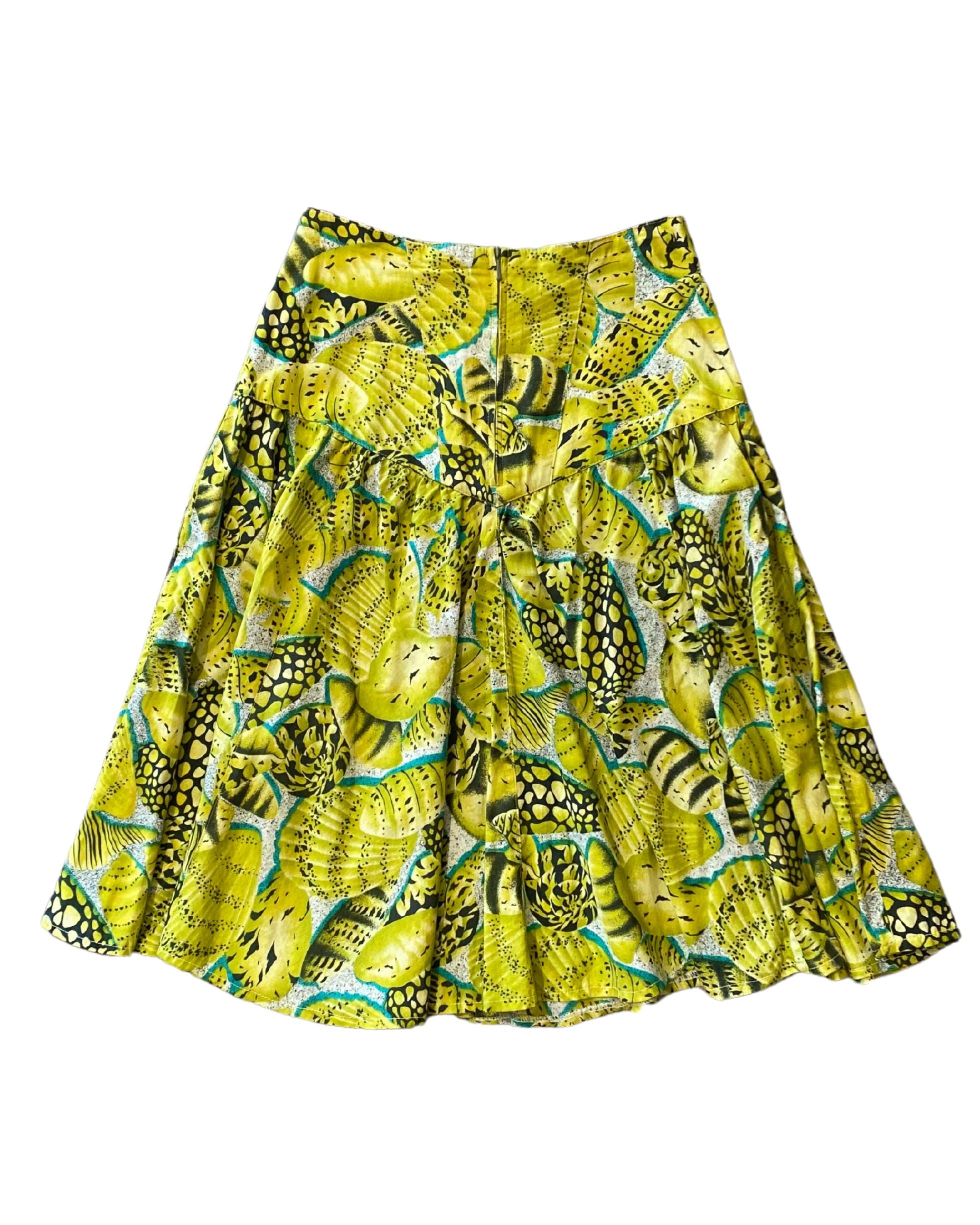 Crisca For Neiman Marcus 1980s Patterned Skirt Chartreuse & Black Size 36