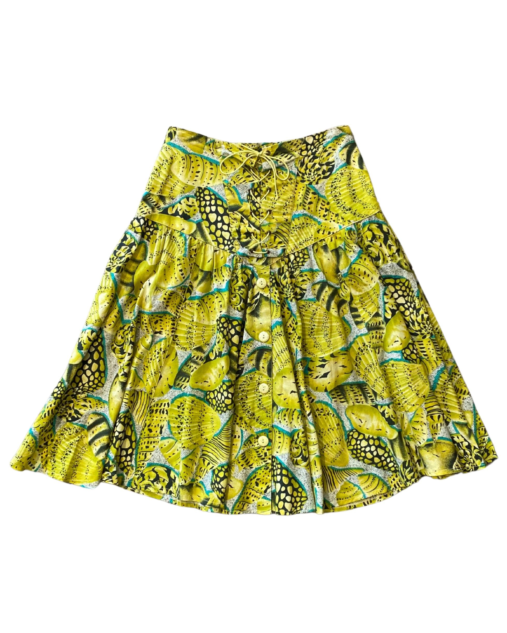 Crisca For Neiman Marcus 1980s Patterned Skirt Chartreuse & Black Size 36