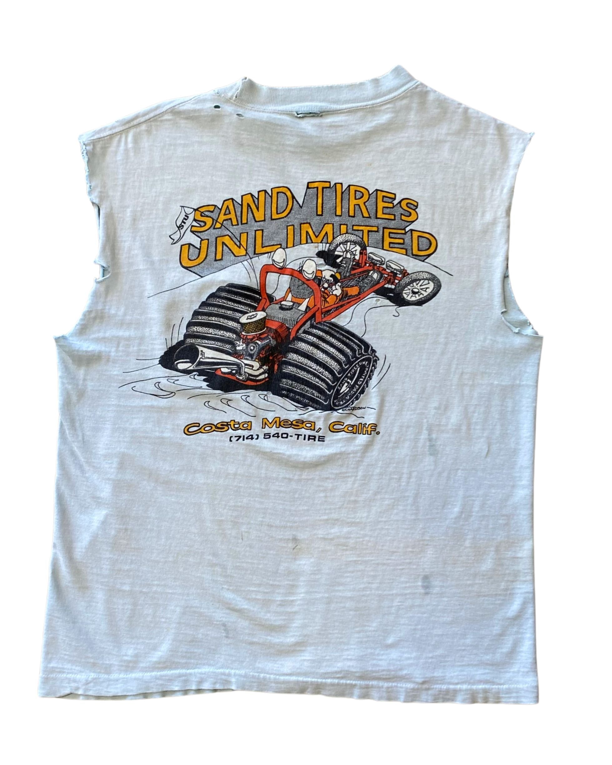 Vintage 1970s “Let’s Do It in the Sand” T-Shirt – Large, Faded Blue, Distressed Back.