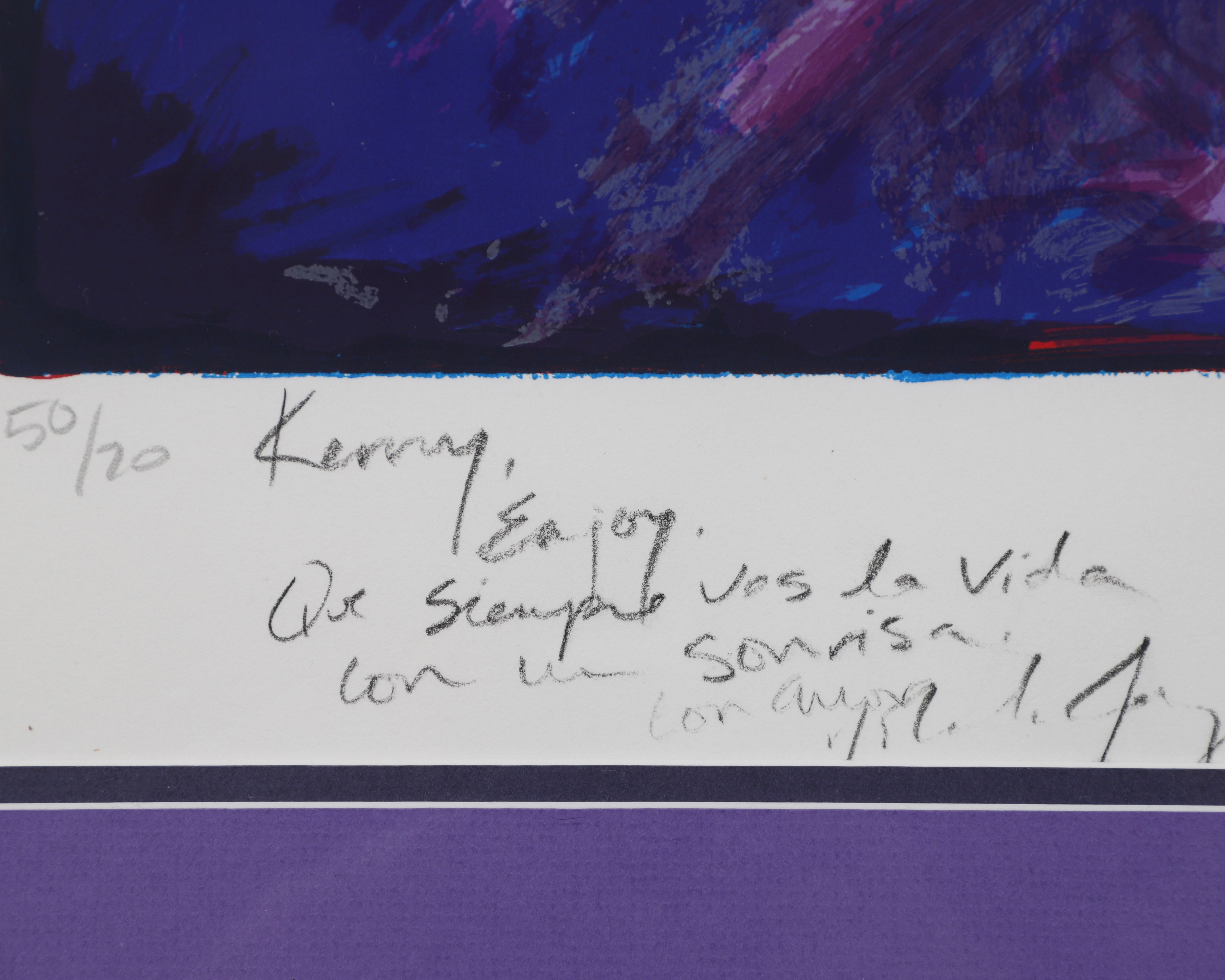 number 50/70 and note written in spanish in pencil on matt by artist