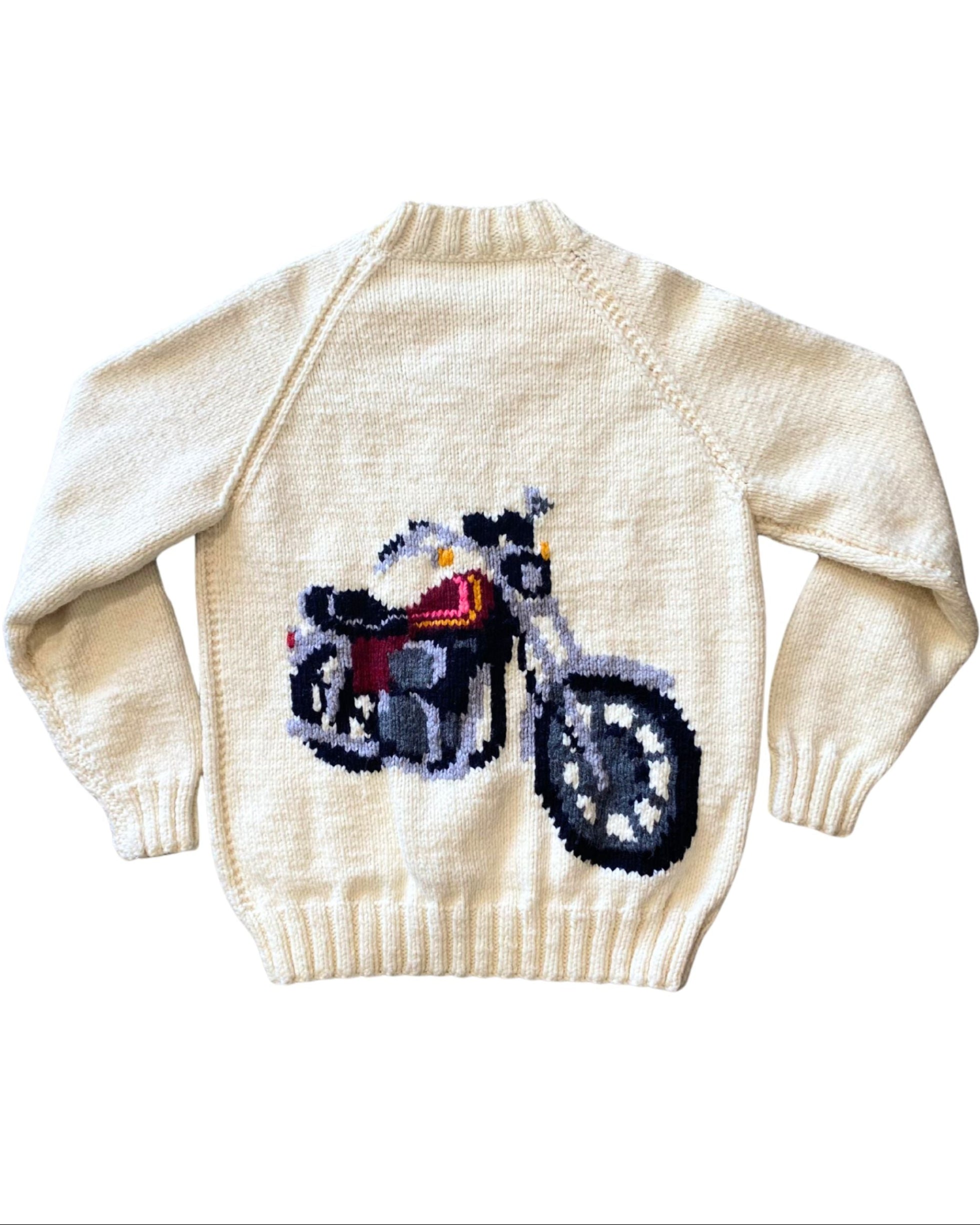 Handknit Motorcycle and Helmet Cowichan Sweater – Large 1970s USA back.