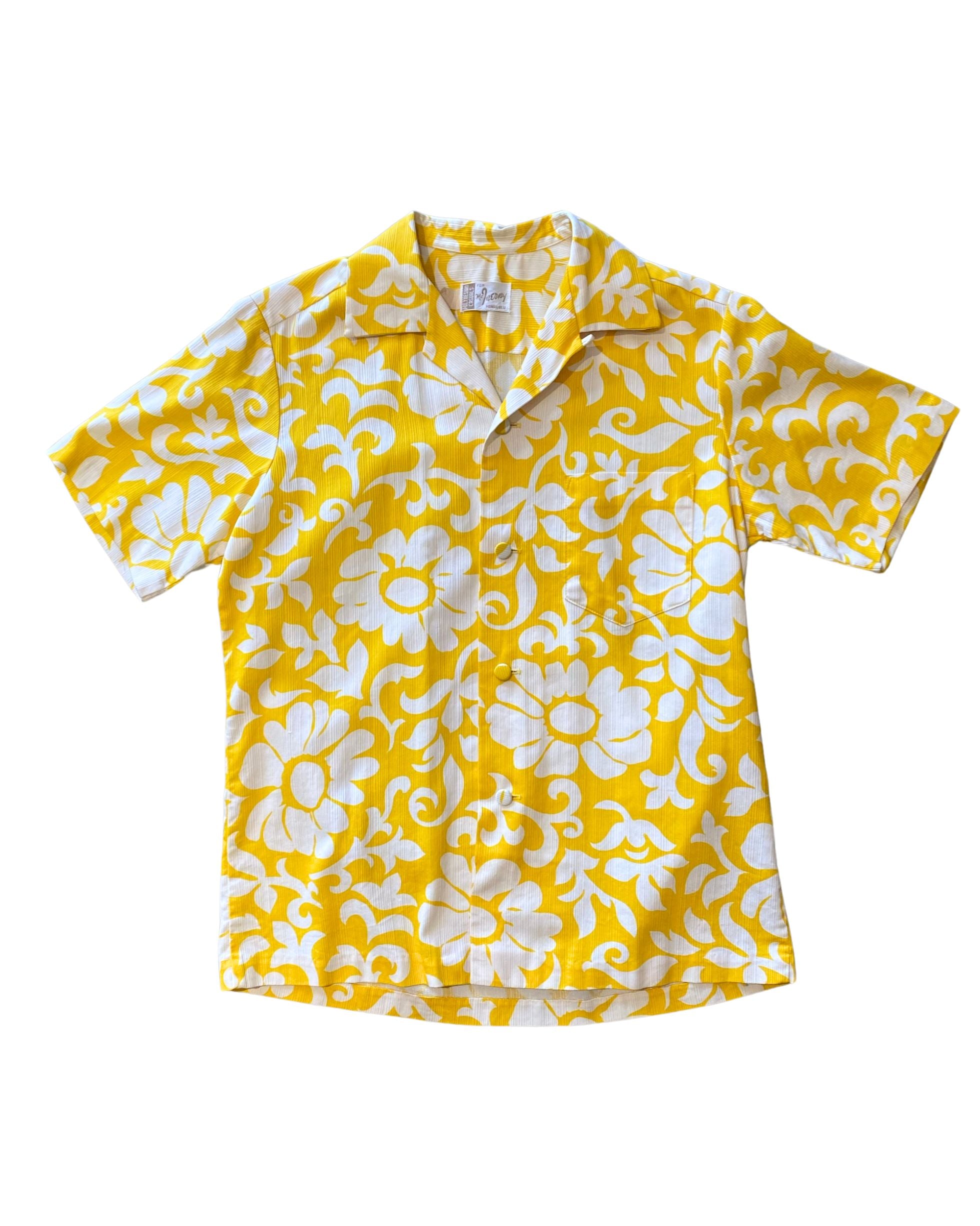 Hawaiian Print Short Sleeve Button Down Shirt Yellow + White Deadstock USA