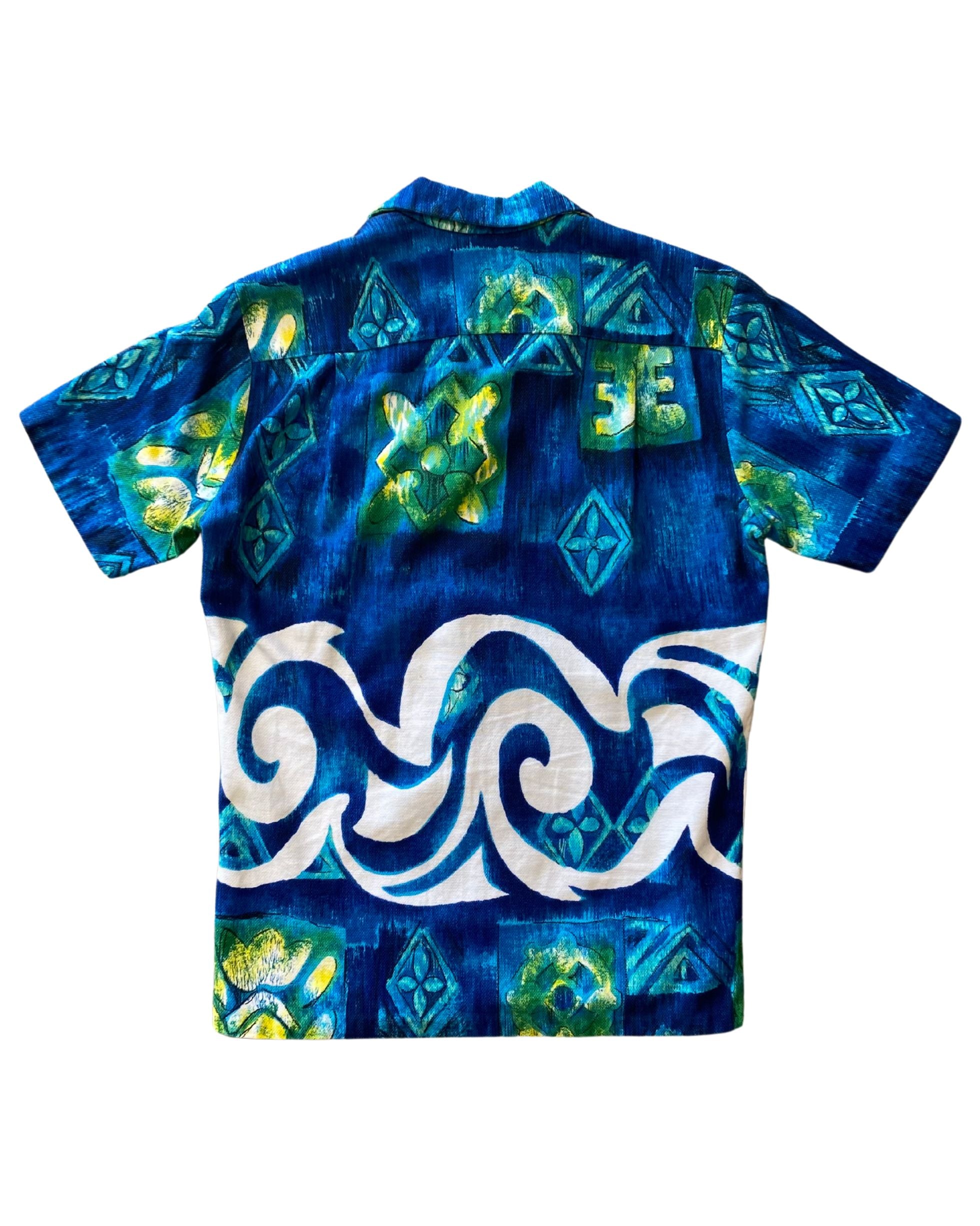 Hawaiian Shirt Blue Green w White Wave Medium 1970s USA
