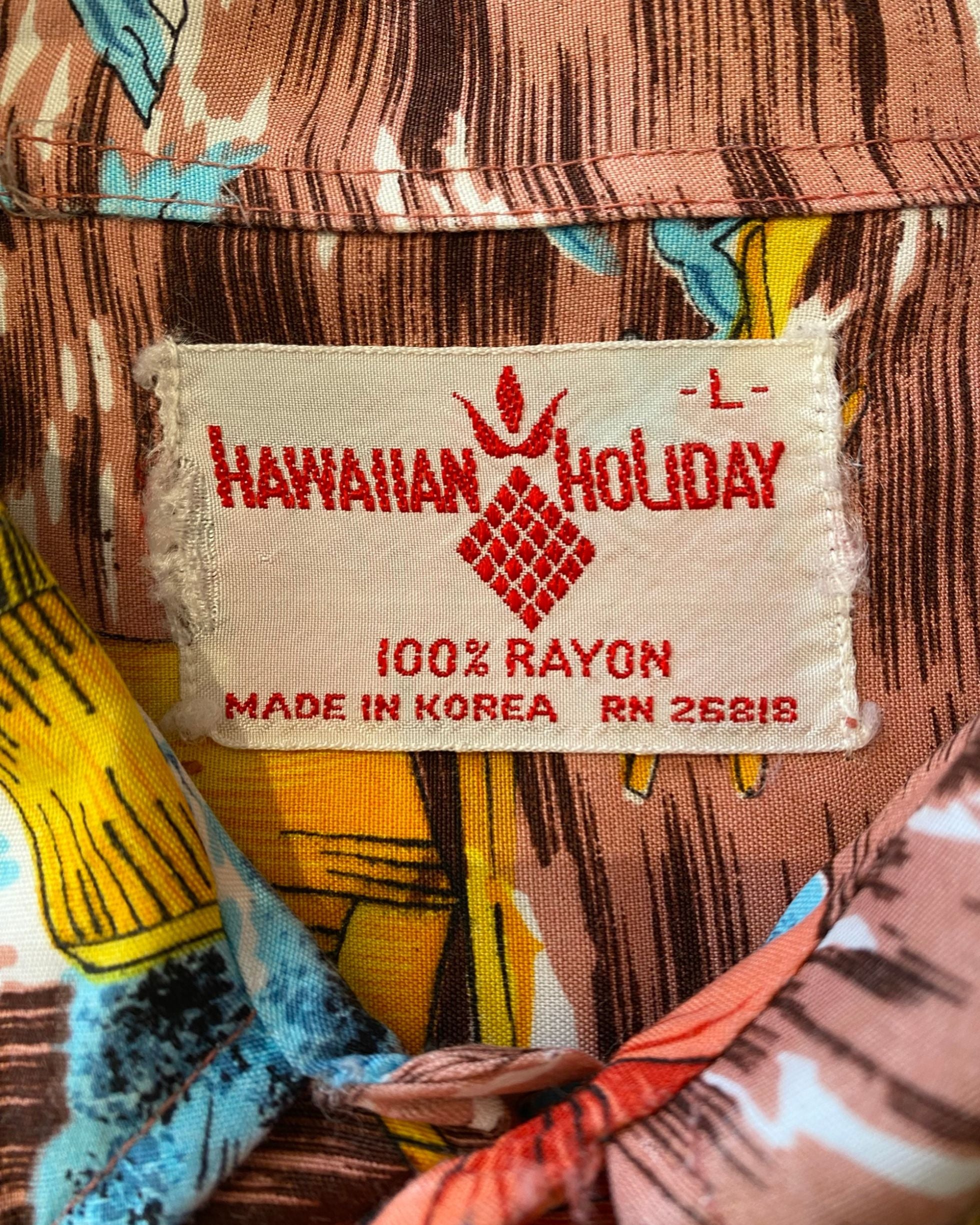 Vintage 1960s Hawaiian Holiday Shirt Boats, Tikis & Flowers – Size Large