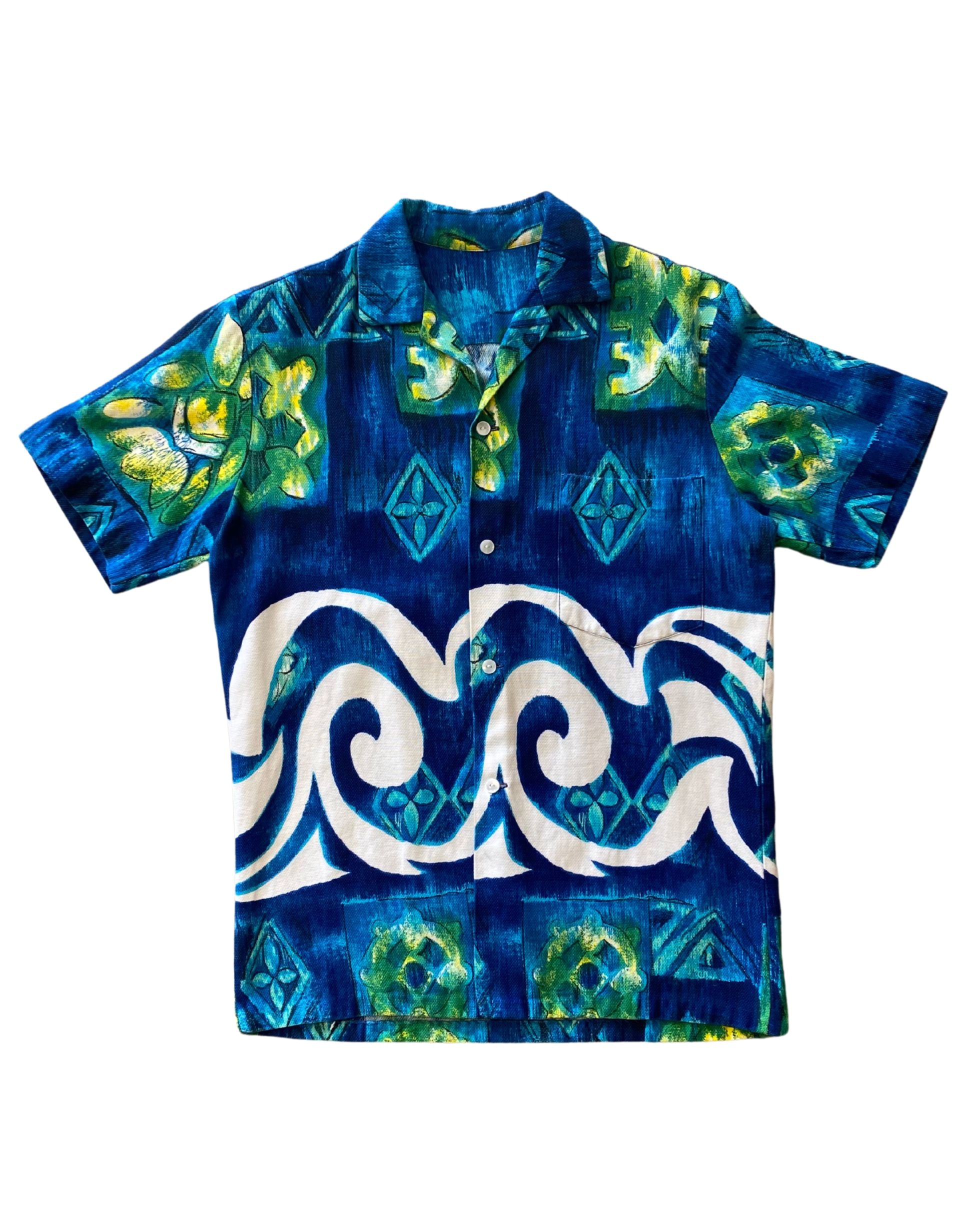Hawaiian Shirt Blue Green w White Wave Medium 1970s USA