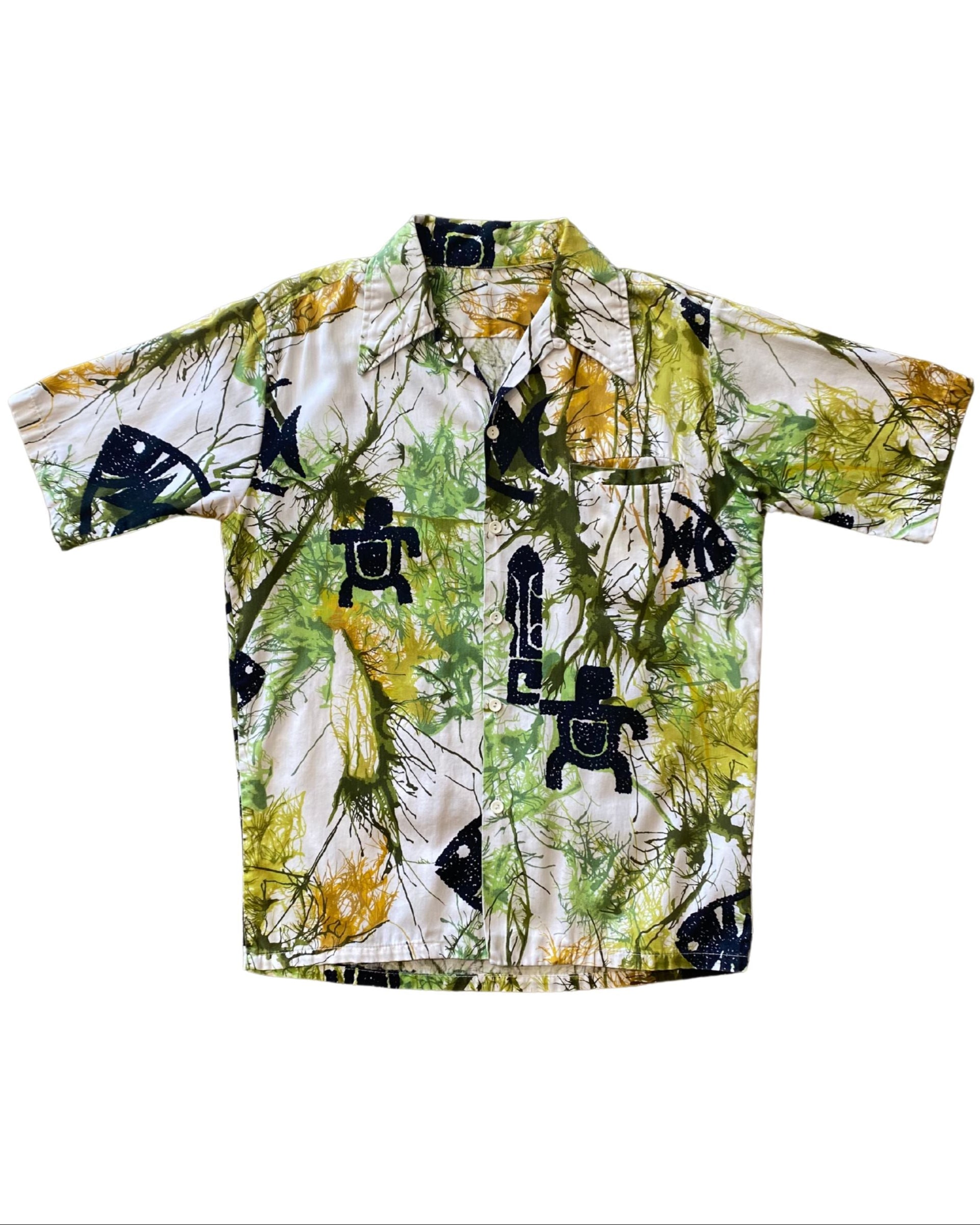 Hawaiian Shirt Green Bamboo Black Icons MEDIUM Cotton 1970s USA Front