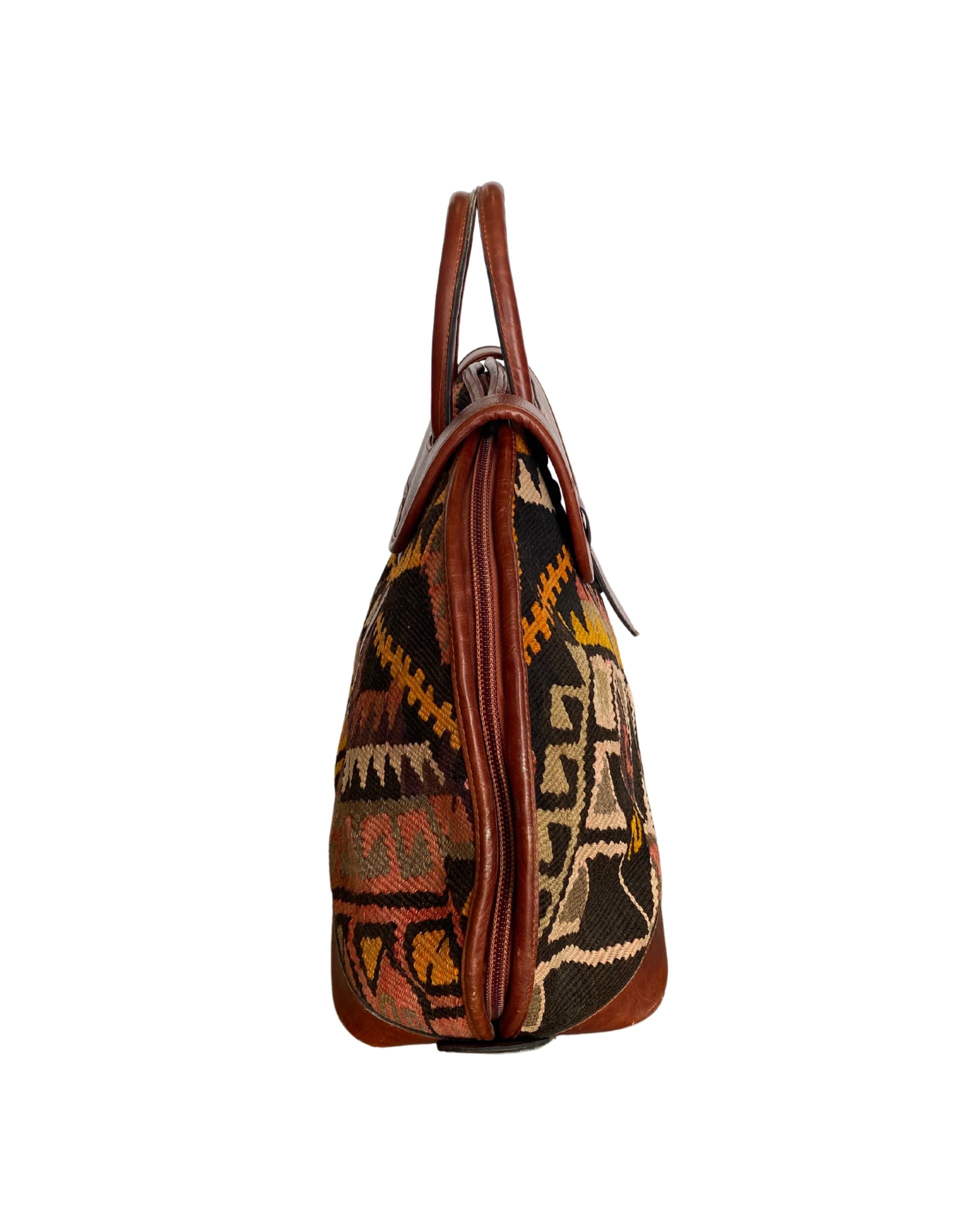 Vintage Kilim Carpet Bag Tote with Leather Handles and Flap Closure | 1980s