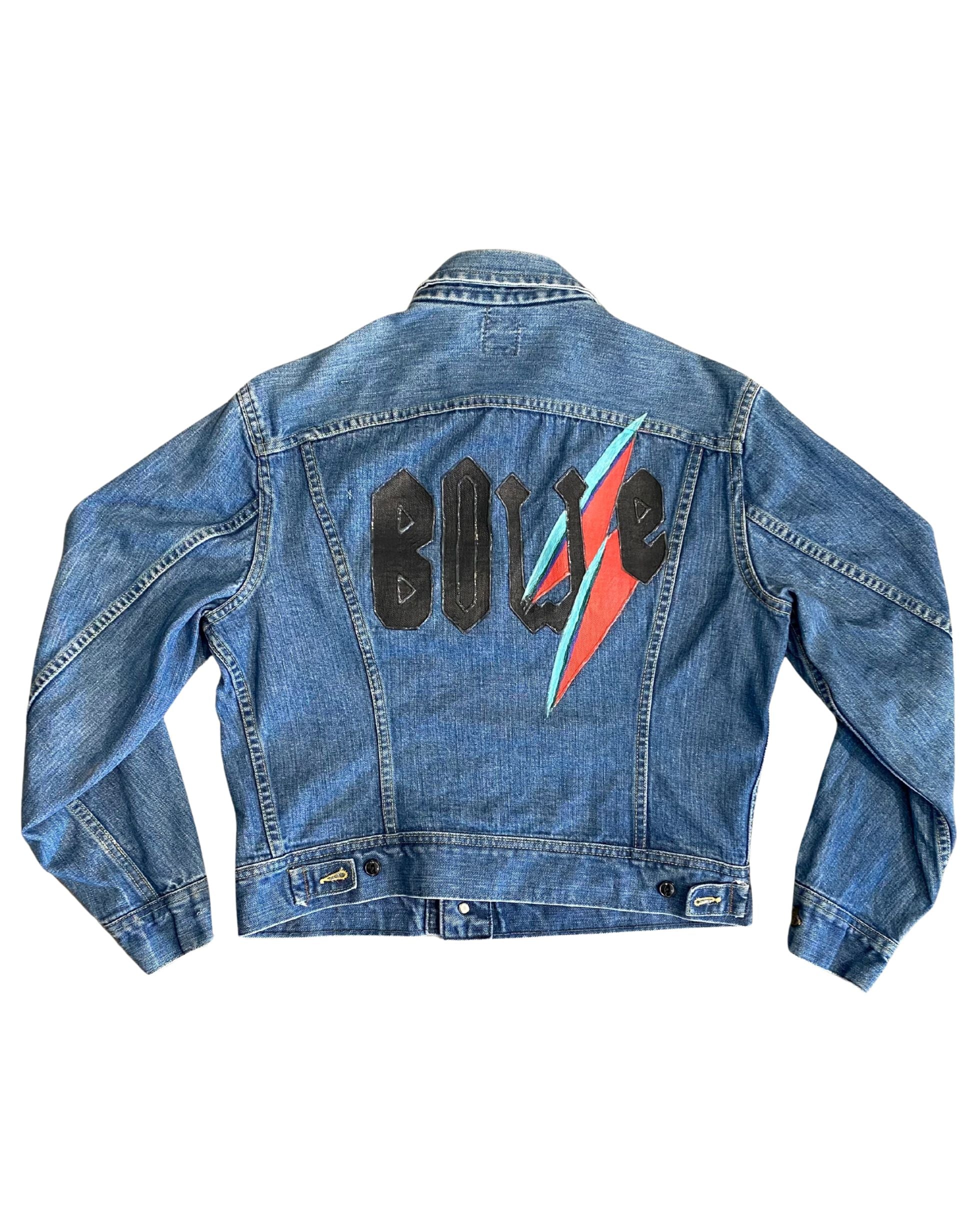 Back of Lee jacket featuring custom BOWIE patch and lightning bolt graphic.