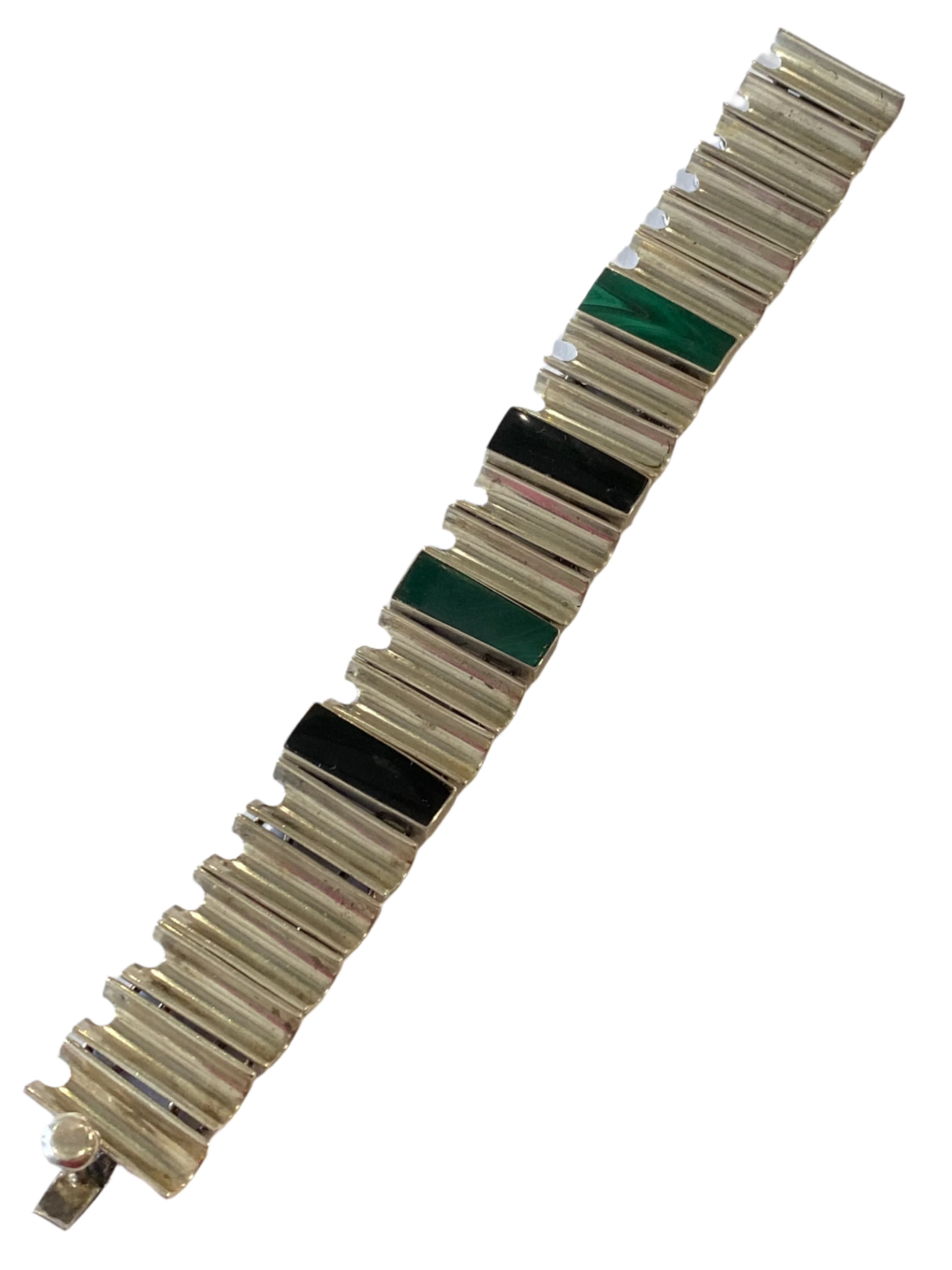 Modernist 8" Bracelet Sterling Silver, Malachite and Onyx with Concave Links Taxco TS-87 1970s