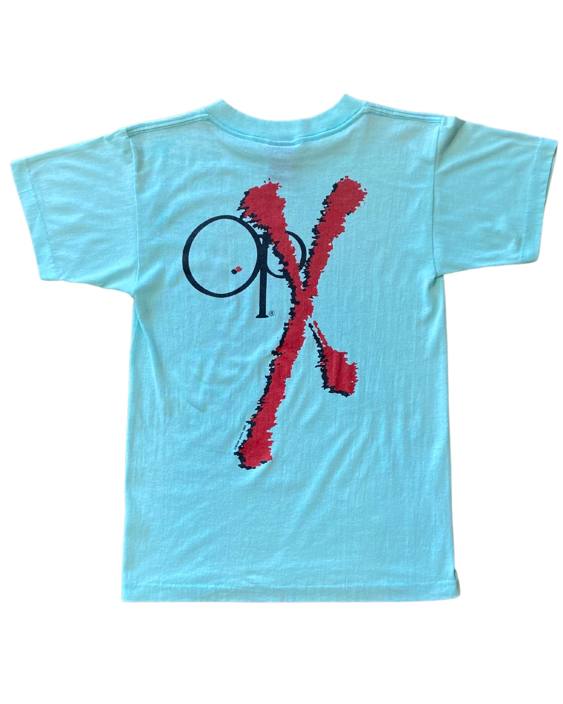 Ocean Pacific OP X Logo T-Shirt Aqua 1980s USA (Size L)