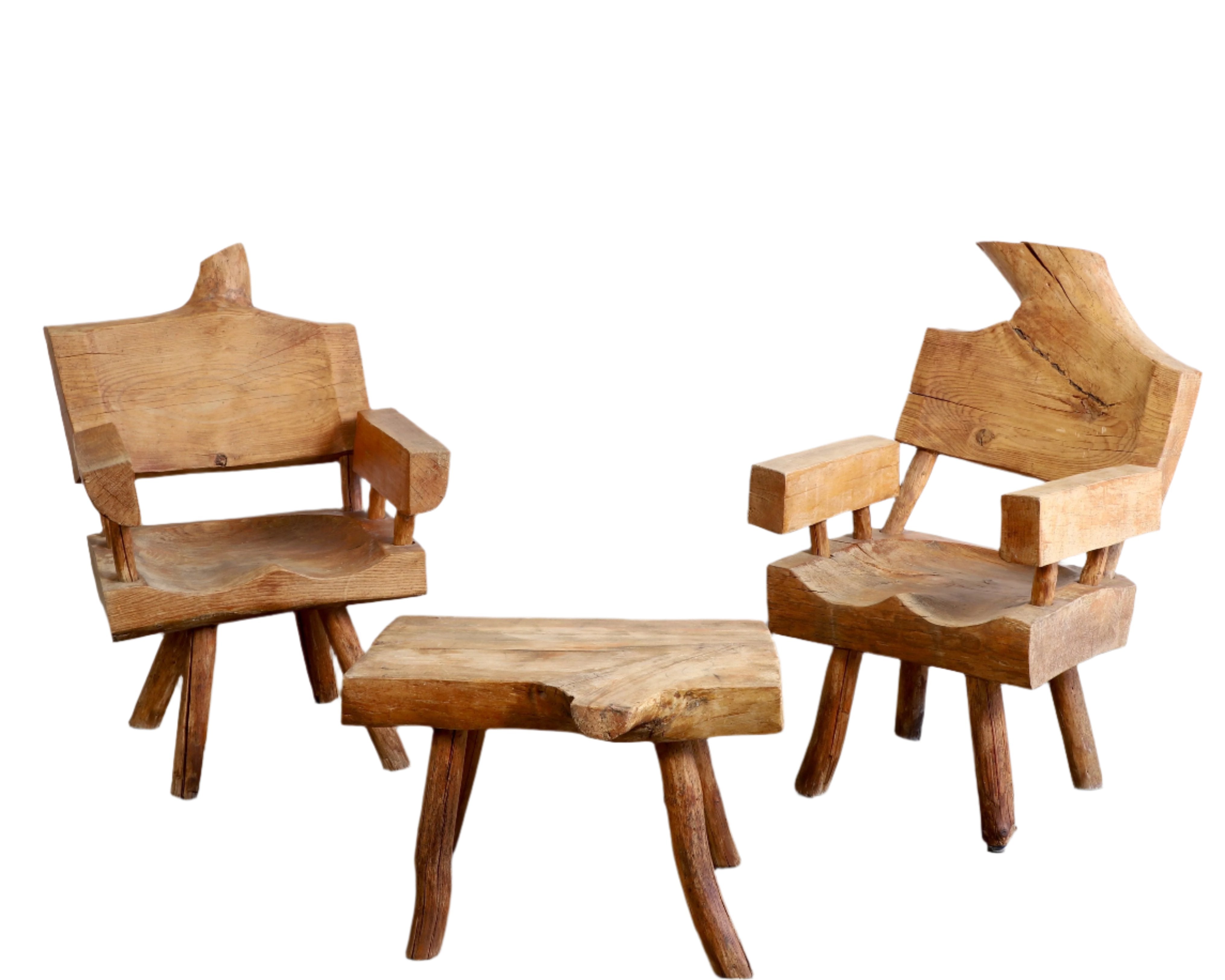Rustic Wood Chair and Table Set 1960s Mexico Full View