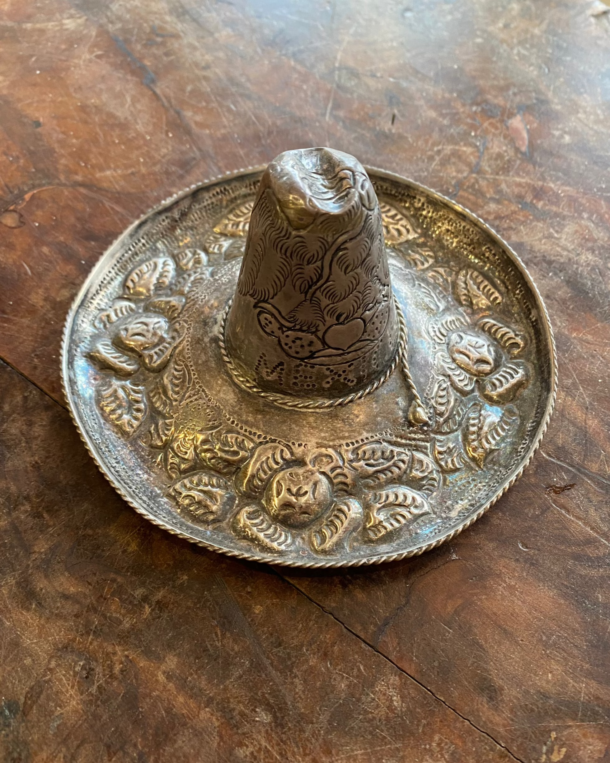 Sombrero Catch-all Sterling Silver Repoussé 4.5 inch Diameter Circa 1950s Mexico.