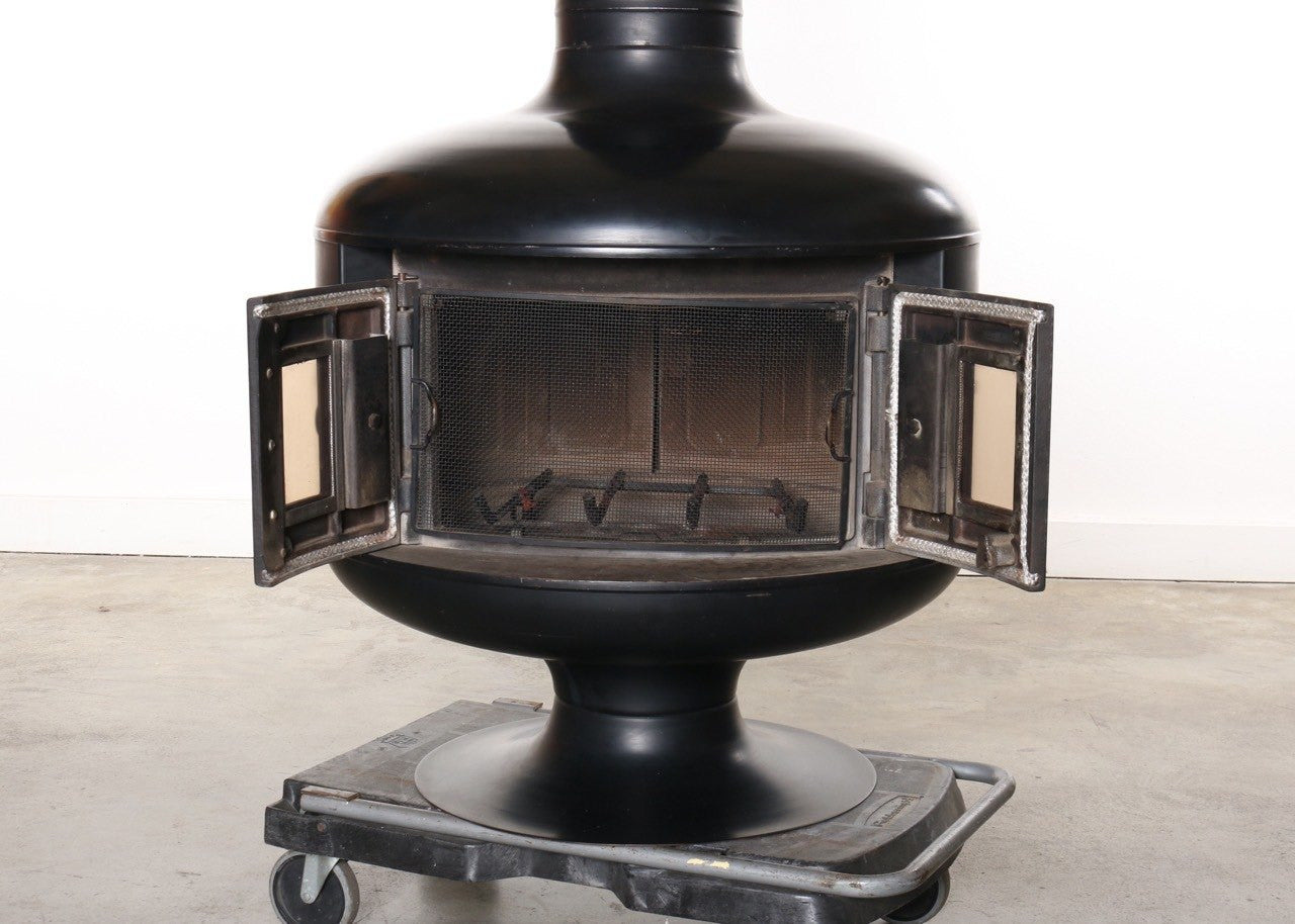 Freestanding Mid-Century Fireplace with Doors, Black