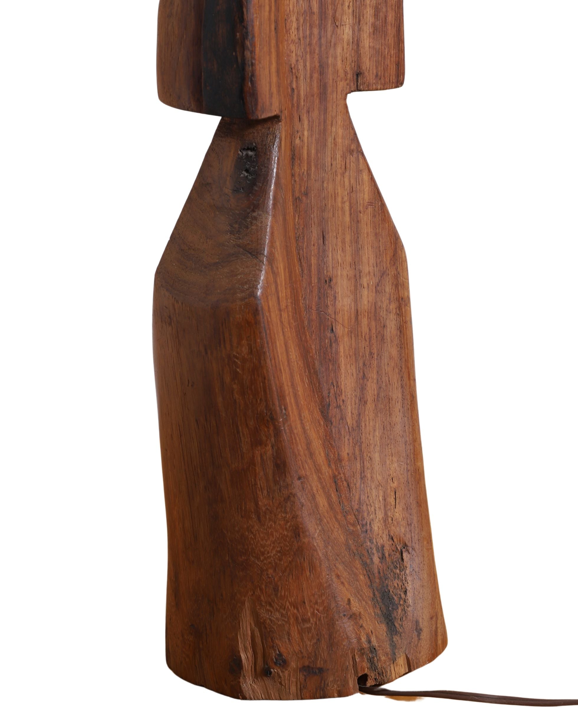 Mid-Century Tiki Carved Wooden Lamp with Woven Shade