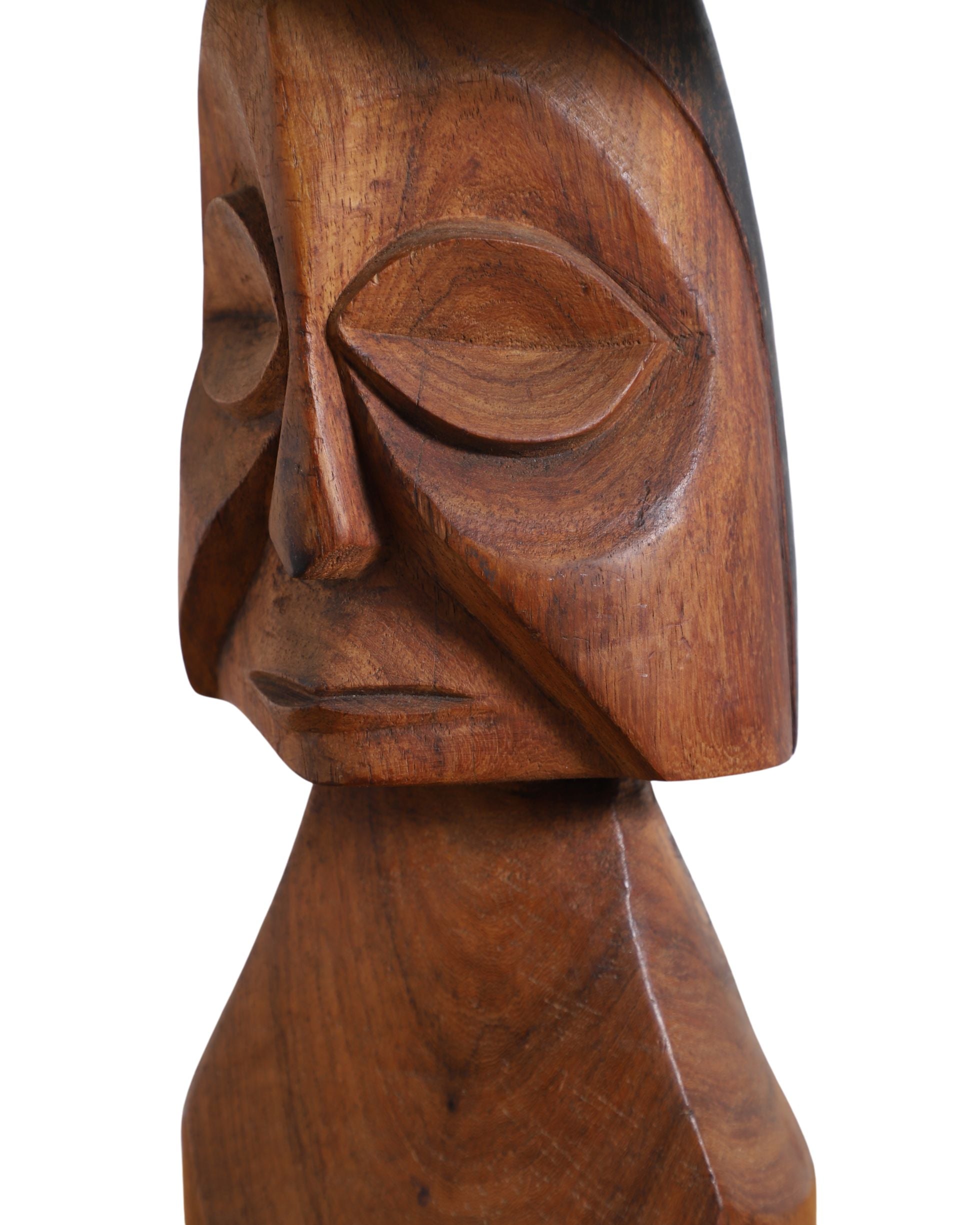 Mid-Century Tiki Carved Wooden Lamp with Woven Shade