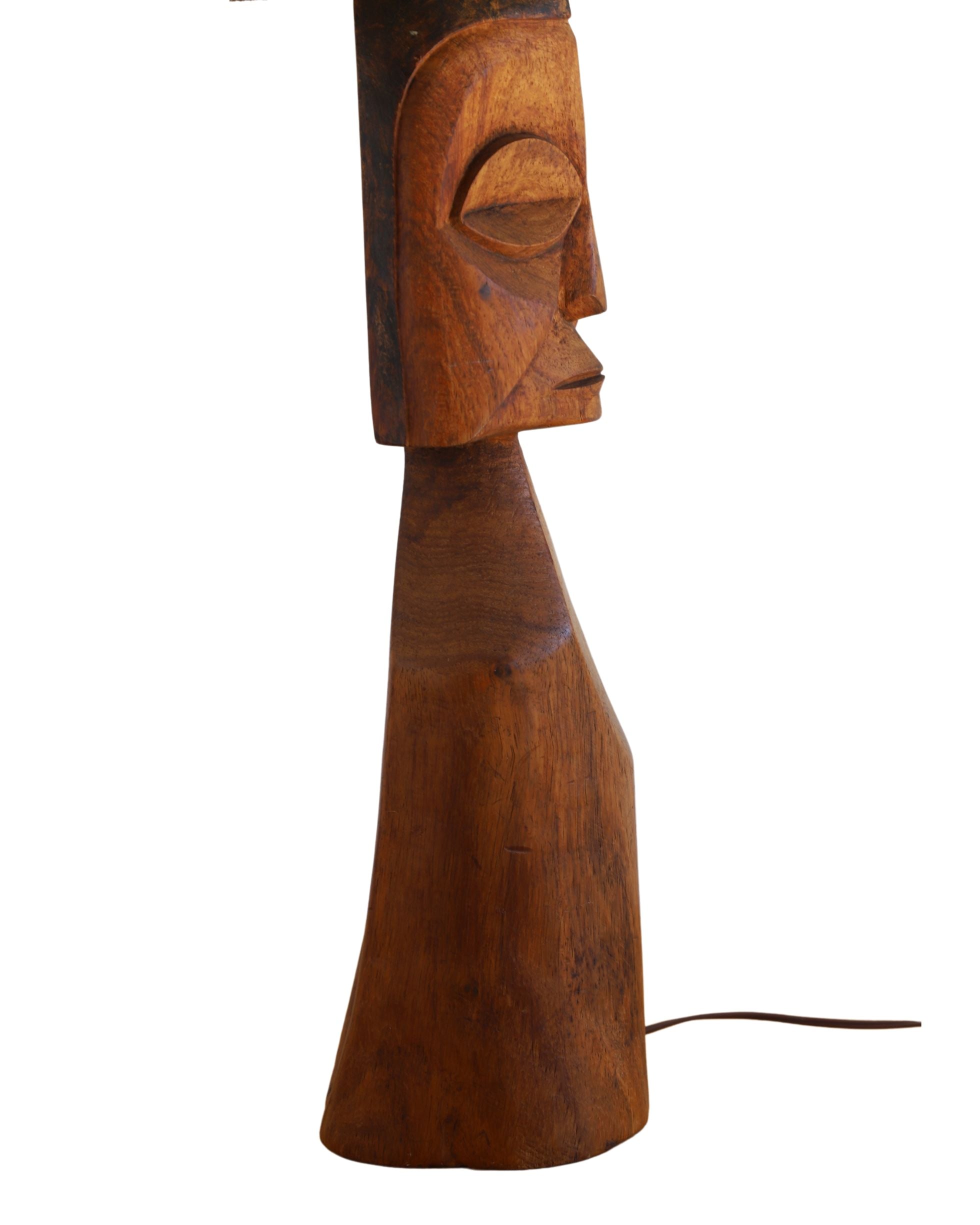 Mid-Century Tiki Carved Wooden Lamp with Woven Shade