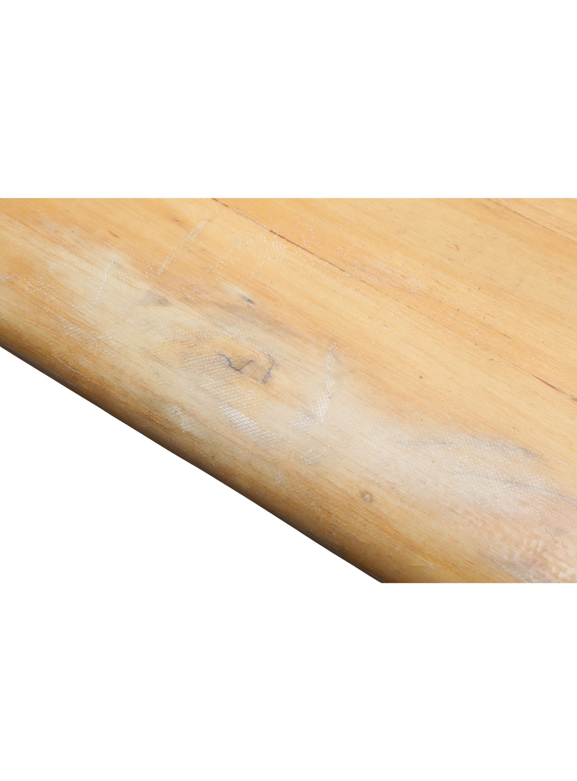 Close up detail of old repair on Vintage balsa wood surfboard, 1950s Malibu-made by Goodart & Lamoureux