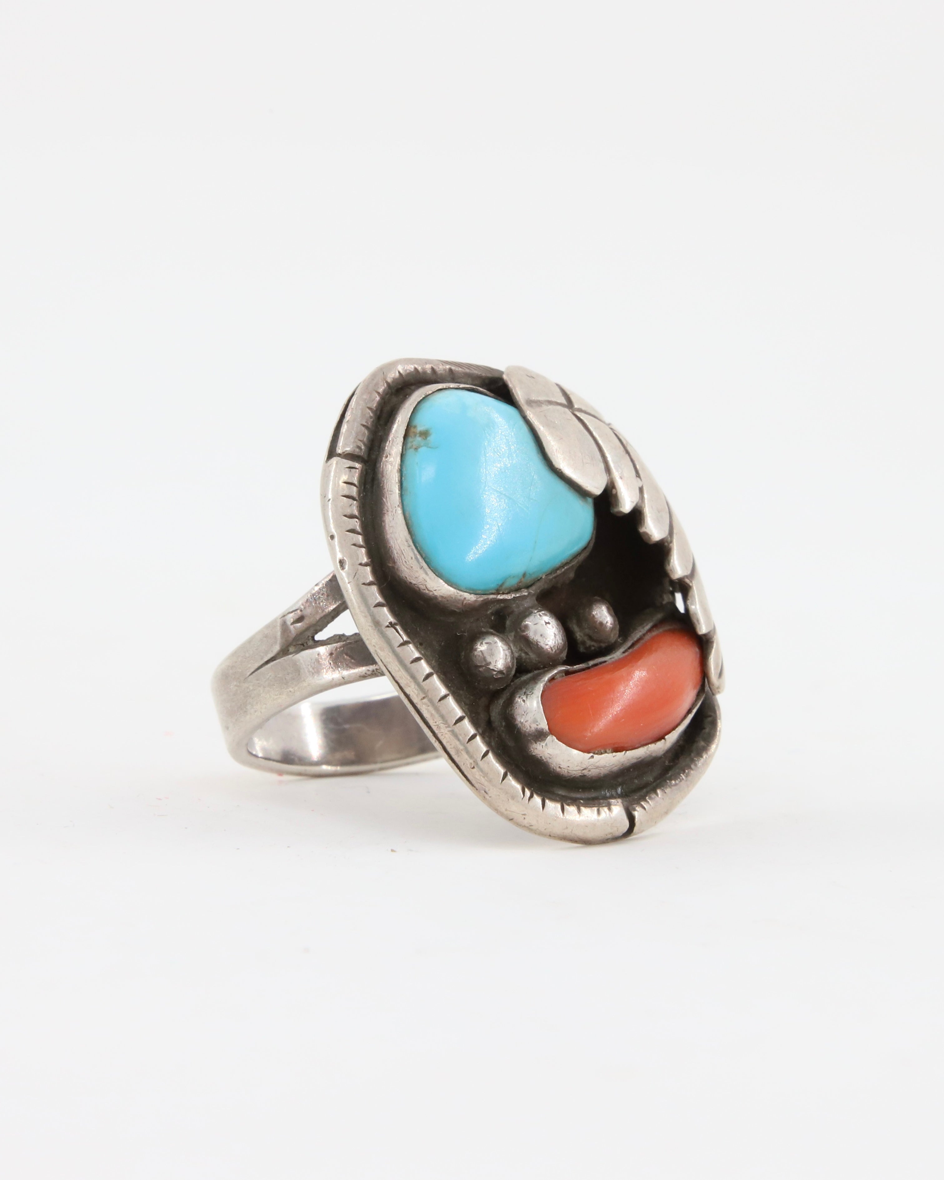 Sterling Turquoise Coral Oversize Ring with Leaf and Dots sz 11.5