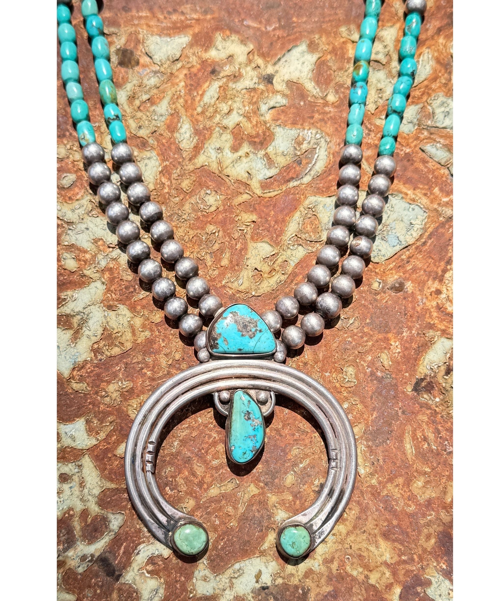 Sterling Silver Naja Necklace with Vintage Turquoise and Silver Beads