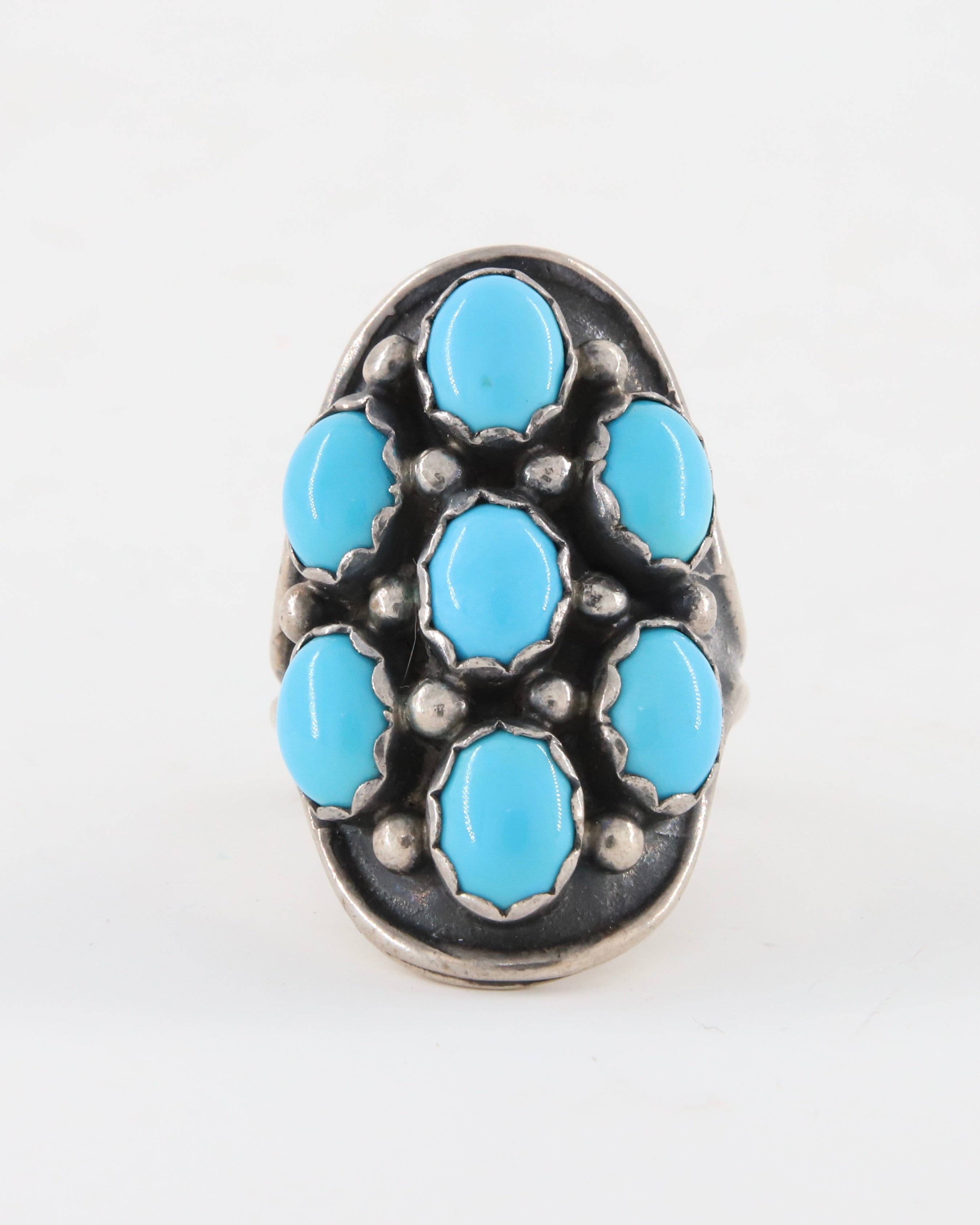 Turquoise Cluster + Sterling Oblong Ring sz 8