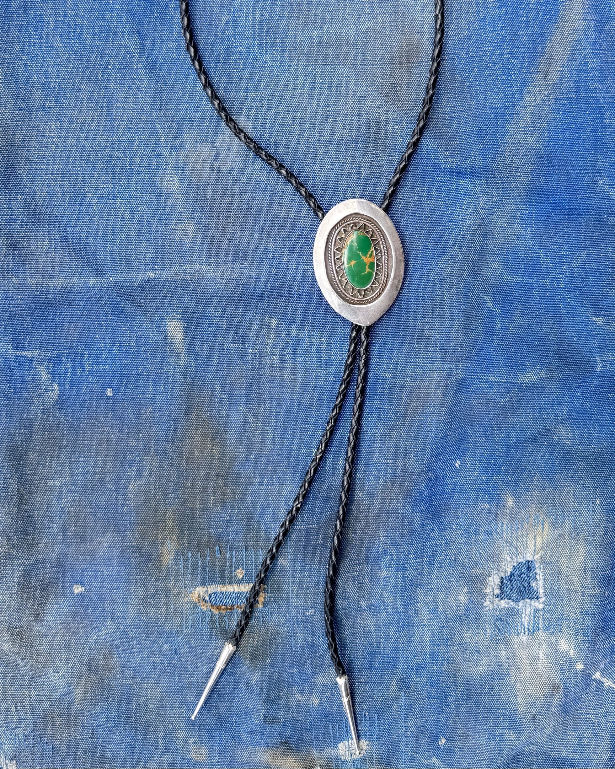 Vintage Sterling Silver Bolo Tie with Green Turquoise and Braided Leather Cord