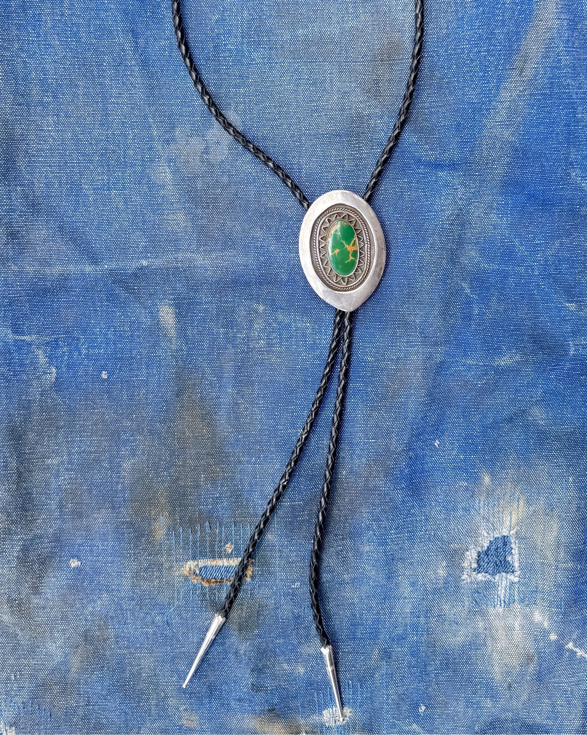 Vintage Sterling Silver Bolo Tie with Green Turquoise and Braided Leather Cord
