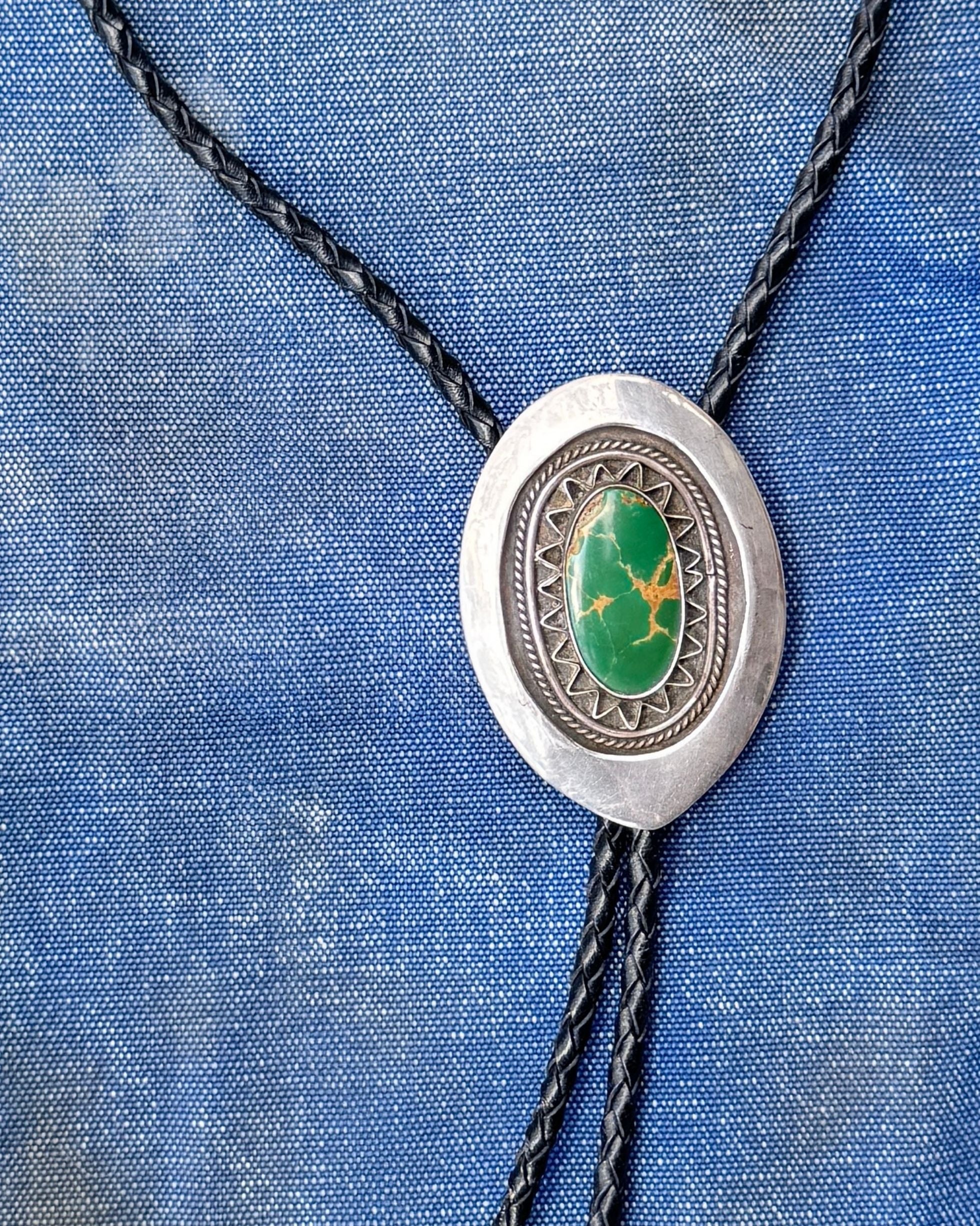 Vintage Sterling Silver Bolo Tie with Green Turquoise and Braided Leather Cord