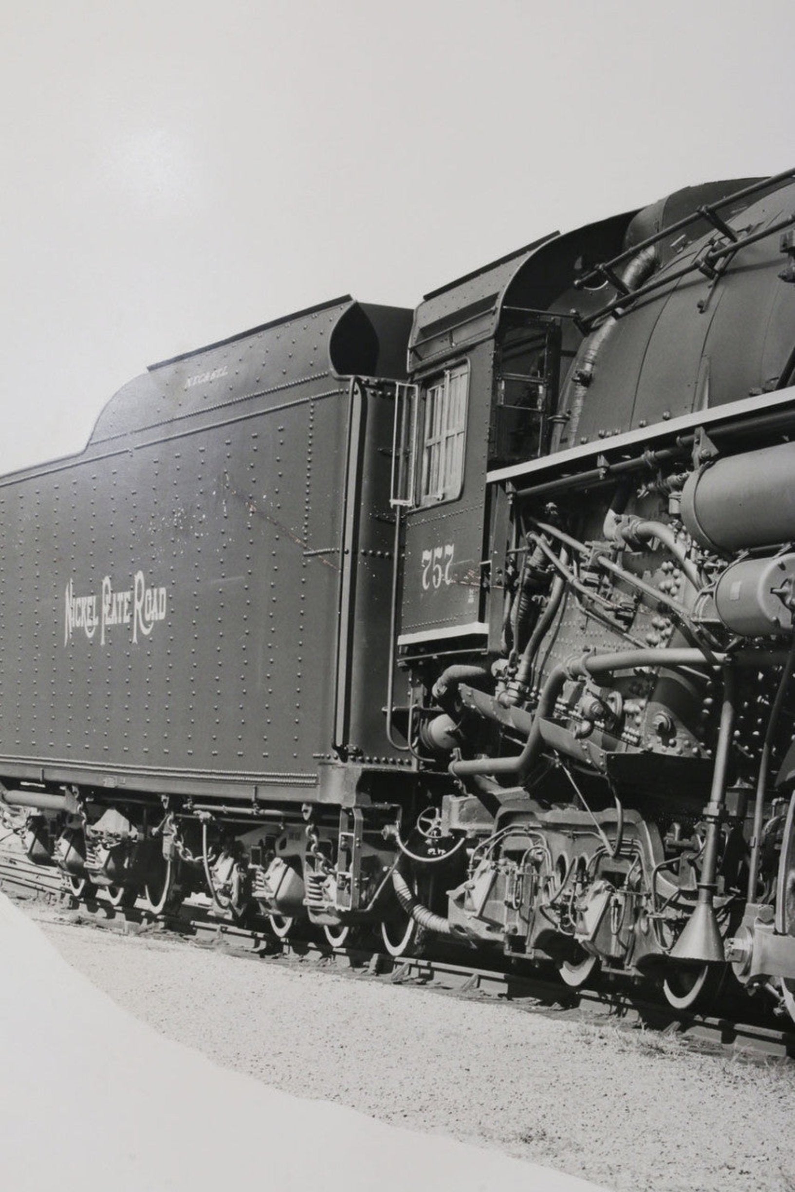 The left view of the 1940s Nickel Plate Road Locomotive Train Engine #757 Black and White Photograph.