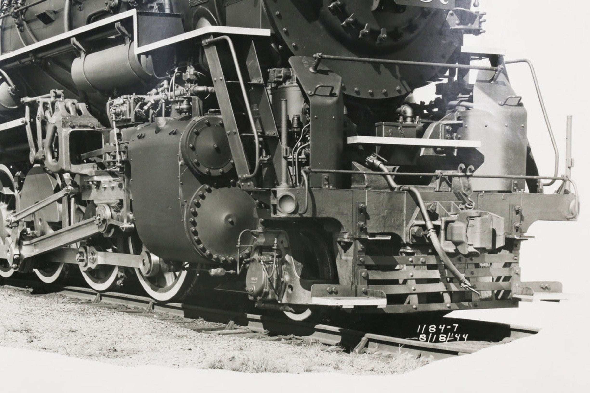 The zoomed bottom right showing the engine and front of the 1940s Nickel Plate Road Locomotive Train Engine #757 Black and White Photograph.