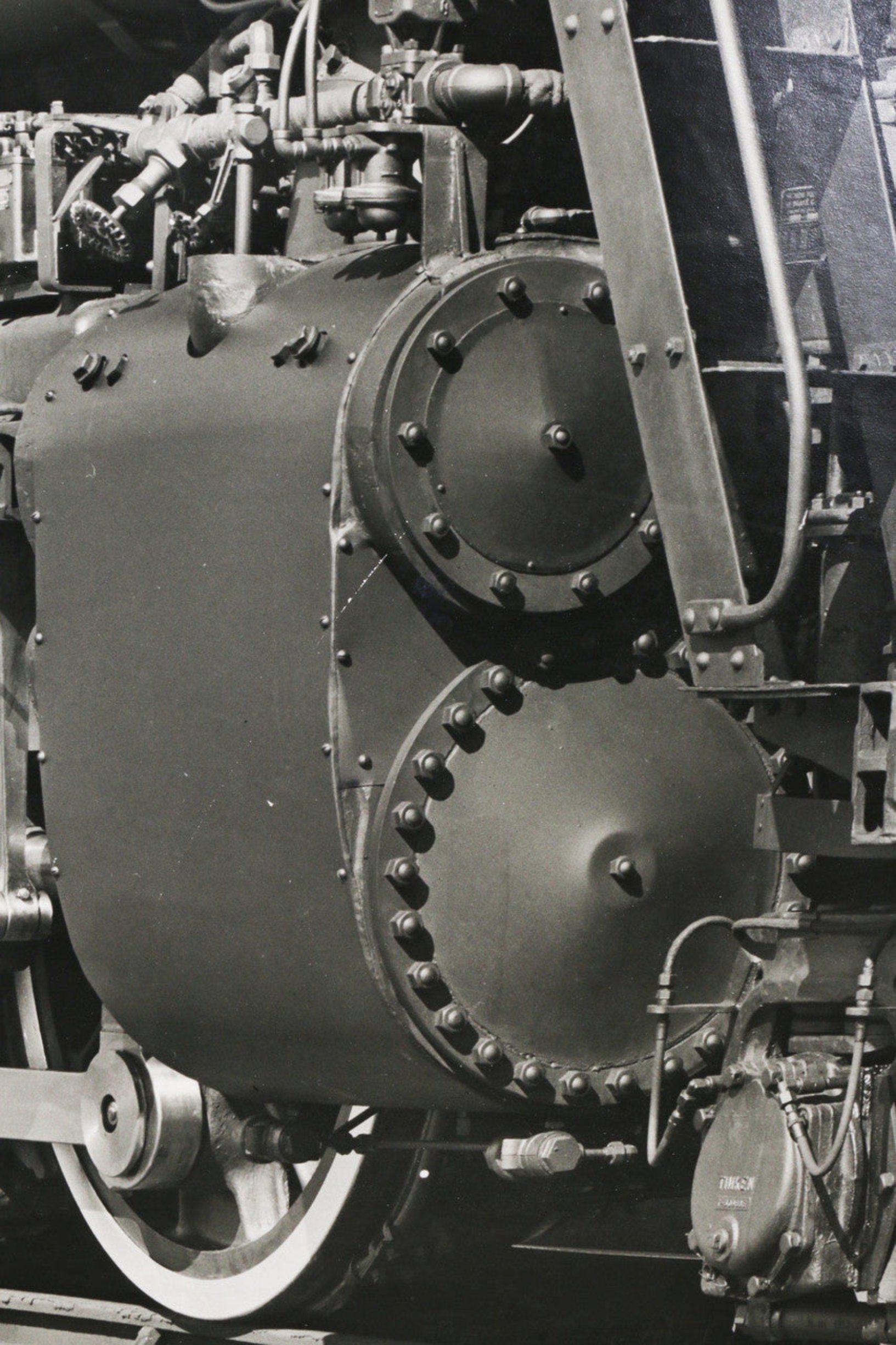 Another zoomed in shot of the engine of the 1940s Nickel Plate Road Locomotive Train Engine #757 Black and White Photograph.