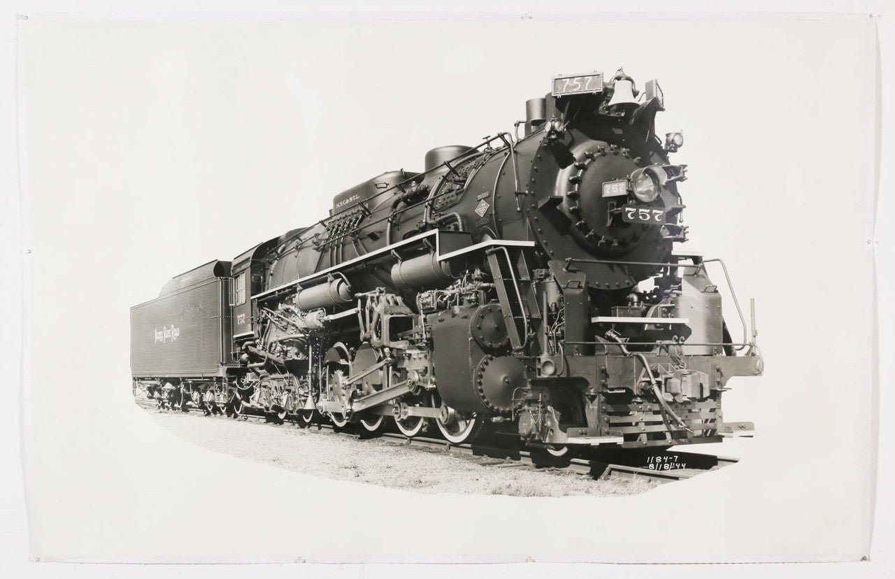 The full view of the 1940s Nickel Plate Road Locomotive Train Engine #757 Black and White Photograph.