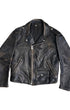 Front view of 1960s black leather motorcycle jacket with asymmetrical zip and pocket details.
