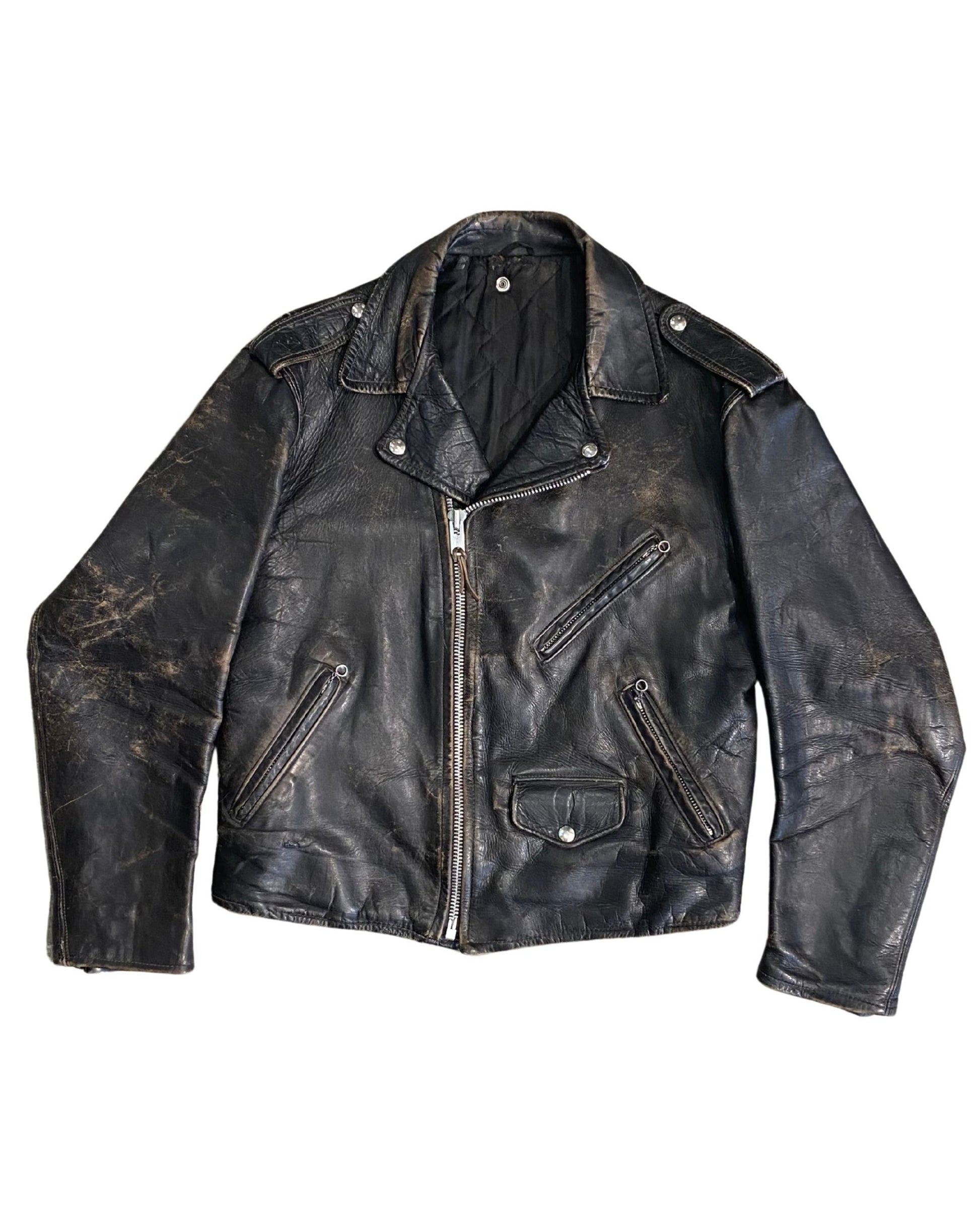 Front view of 1960s black leather motorcycle jacket with asymmetrical zip and pocket details.
