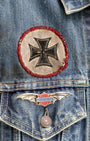 1960s LEVI'S Big E Biker Vest With Original Patches USA
Front Front patch and pin detail.