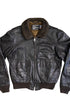 Close-up of original military label inside 1964 Schott Bros. G-1 flight jacket reading Jacket Intermediate Flyer's Type G-1 MIL-J-78240 Contract No. 73-64-457, with Made in USA size 44 tag.