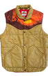 Front view of a tan 1970s Miller Outer Wear nylon puffer vest with an orange sunrise landscape yoke, snap closure, and patch pockets.