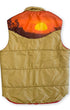 Back view of a tan 1970s Miller Outer Wear nylon puffer vest with a scenic orange, brown, and golden sunrise yoke across the shoulders.