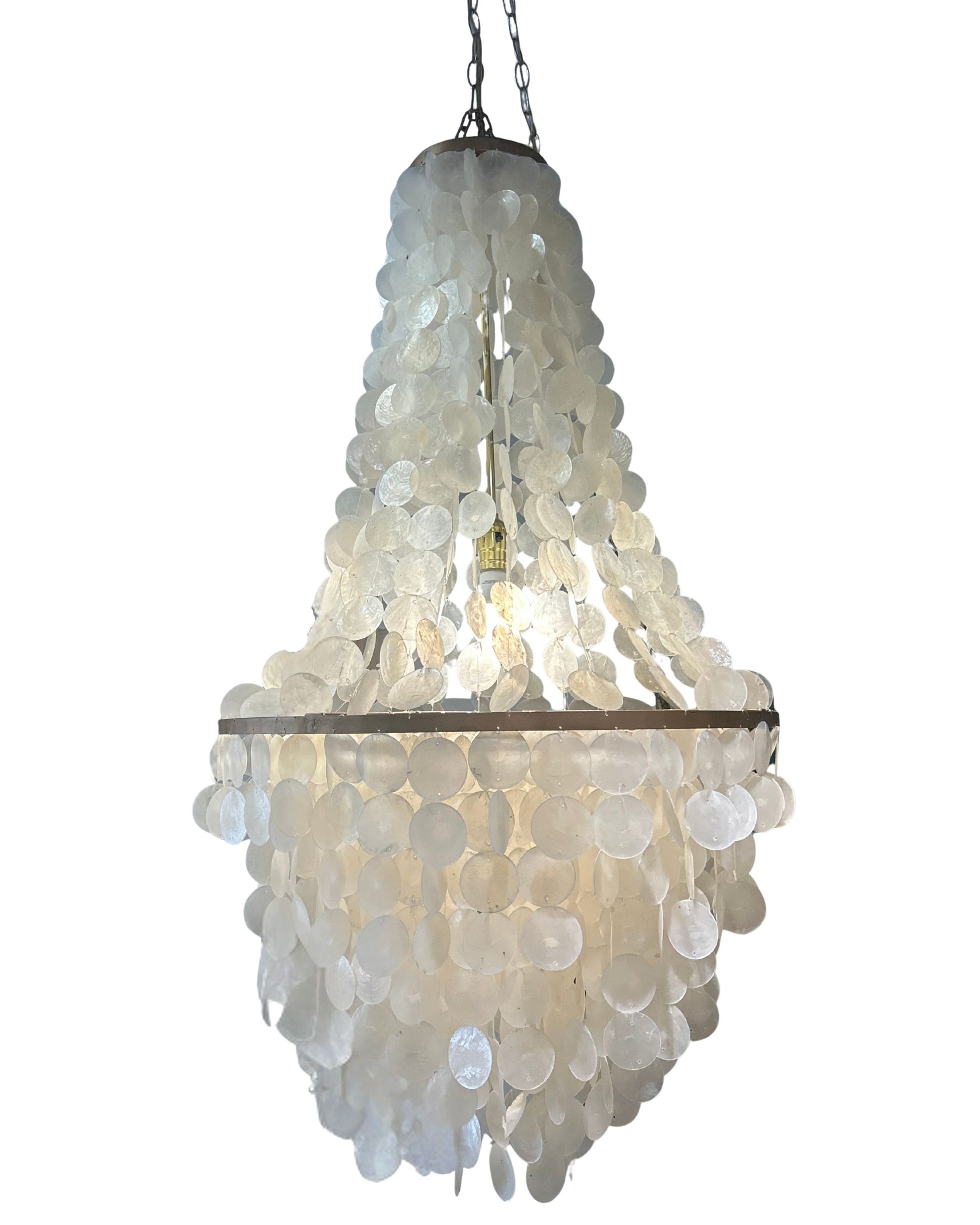 1970s gold-tone capiz shell chandelier inspired by Verner Panton. New old stock with original box.