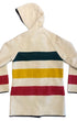 Back view of a cream Woolrich Woman hooded wool coat with green, yellow, and red horizontal stripes and black whipstitched edging.
