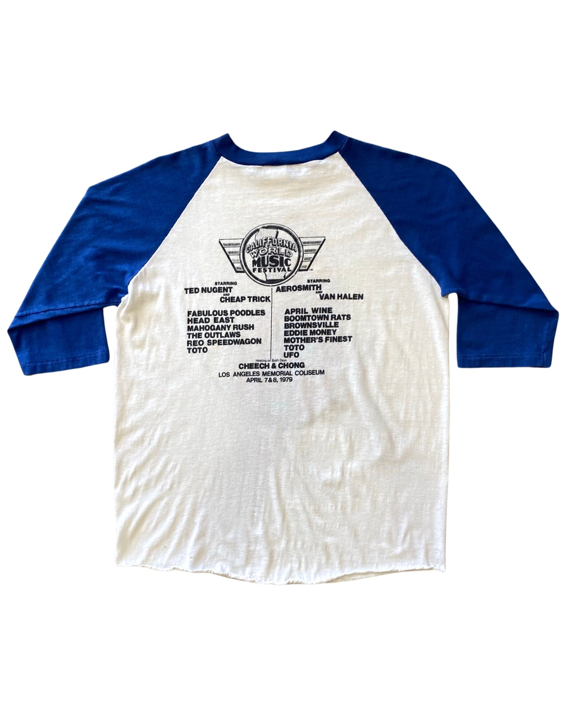 1979 California World Music Festival Long Sleeve Ringer Jersey Shirt White w Blue X-Large USA