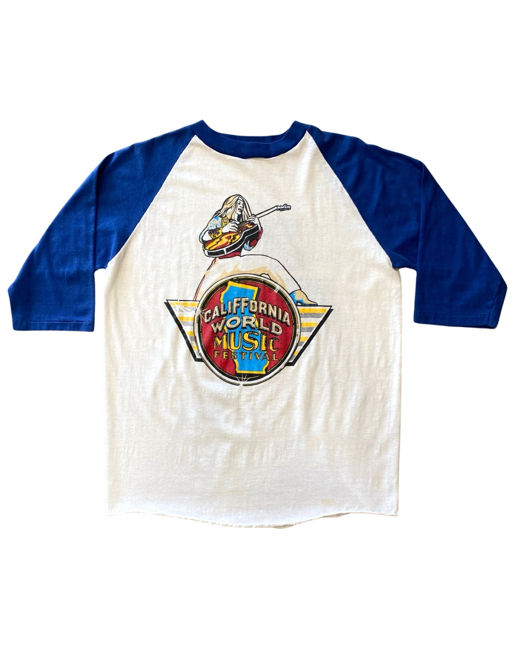 1979 California World Music Festival Long Sleeve Ringer Jersey Shirt White w Blue X-Large USA