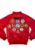 Back of 1980s Crossroads Pro BMX California Red Satin Race Jacket with colorful vintage patches and BMX logo.