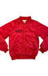 Front of 1980s Red Satin Jacket with pockets and Crossroads Pro BMX  Race embroidered in black on chest.