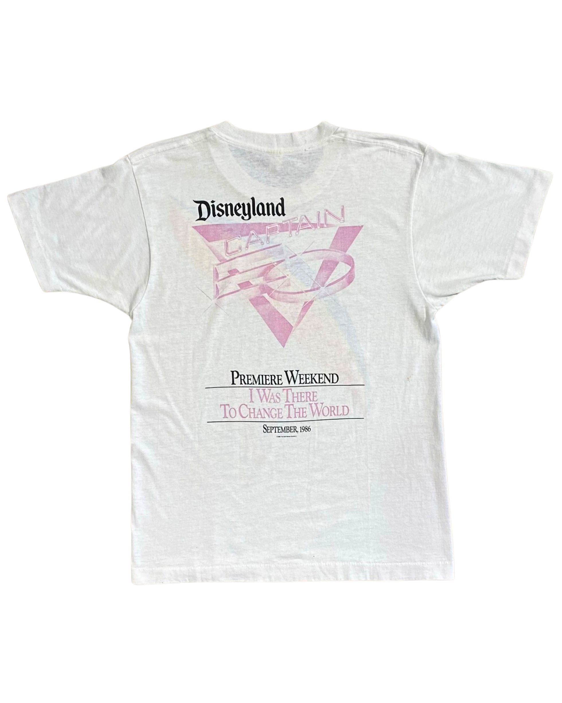 Vintage 1986 Disneyland Captain EO premiere weekend T-shirt with bold front stripe and “I Was There To Change The World” back print. Back.