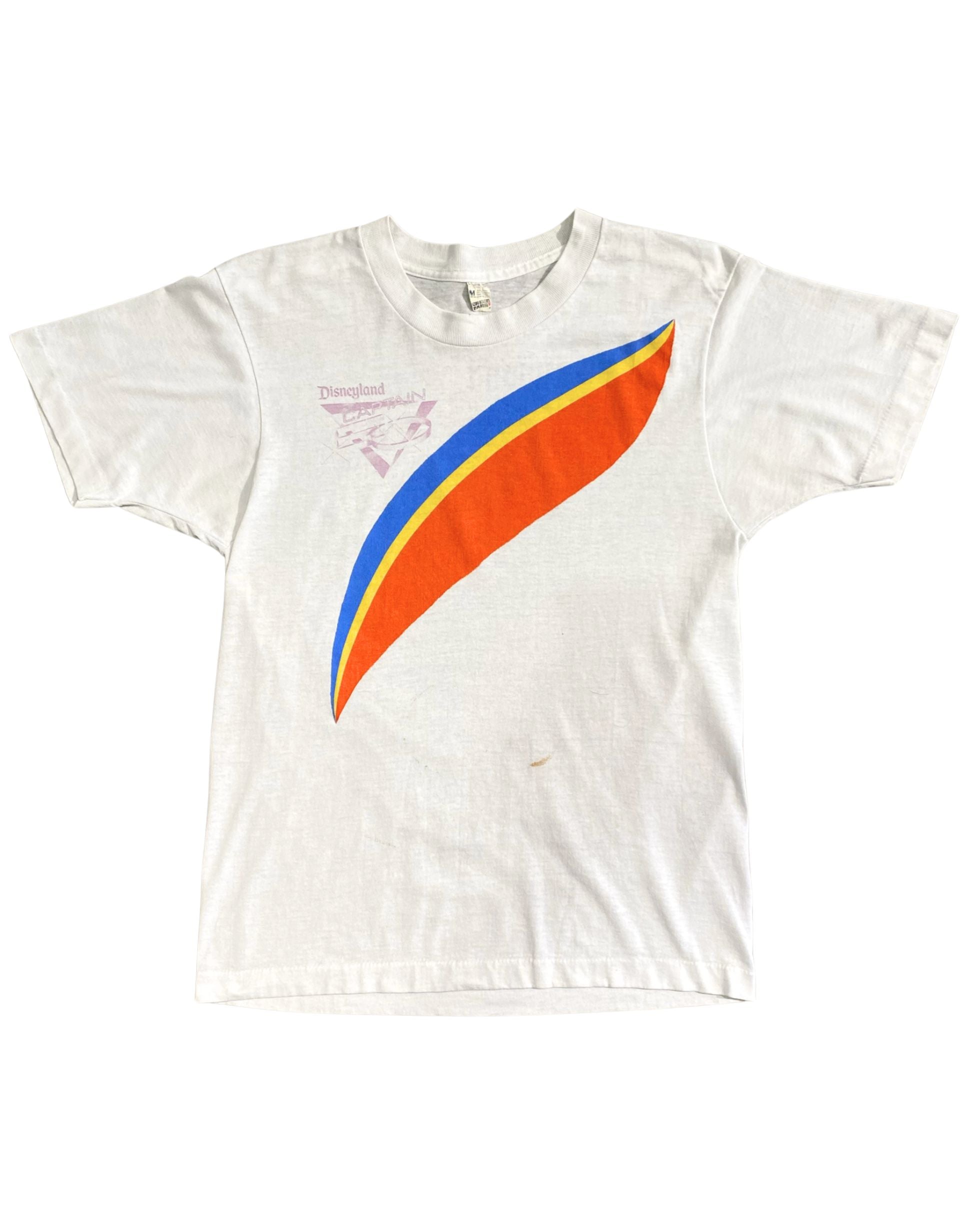 Vintage 1986 Disneyland Captain EO premiere weekend T-shirt with bold front stripe and “I Was There To Change The World” back print. Front