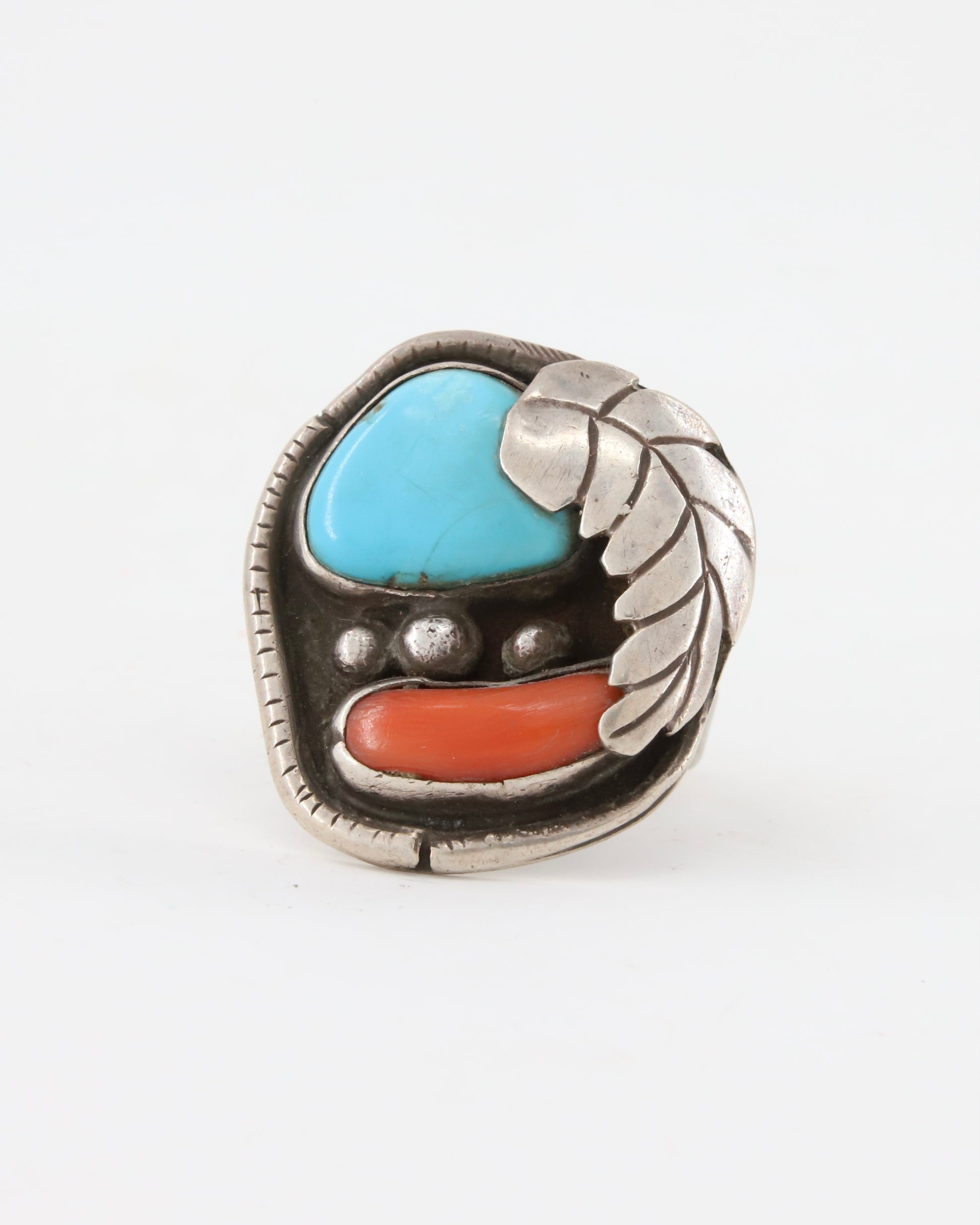 Sterling Turquoise Coral Oversize Ring with Leaf and Dots sz 11.5