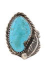 Turquoise, Sterling Silver Oval Ring with Leaf.